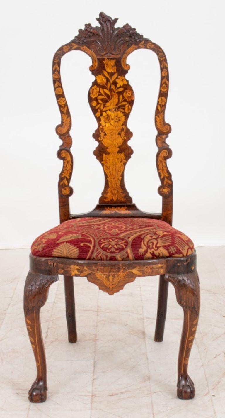 Dutch Baroque Style Marquetry Side Chair, 19th century, with shaped inlaid crest rail above a back splat inlaid with floral marquetry above a drop-in shaped rectangular seat on shell carved cabriole legs terminating in pad feet.

Dealer: S138XX