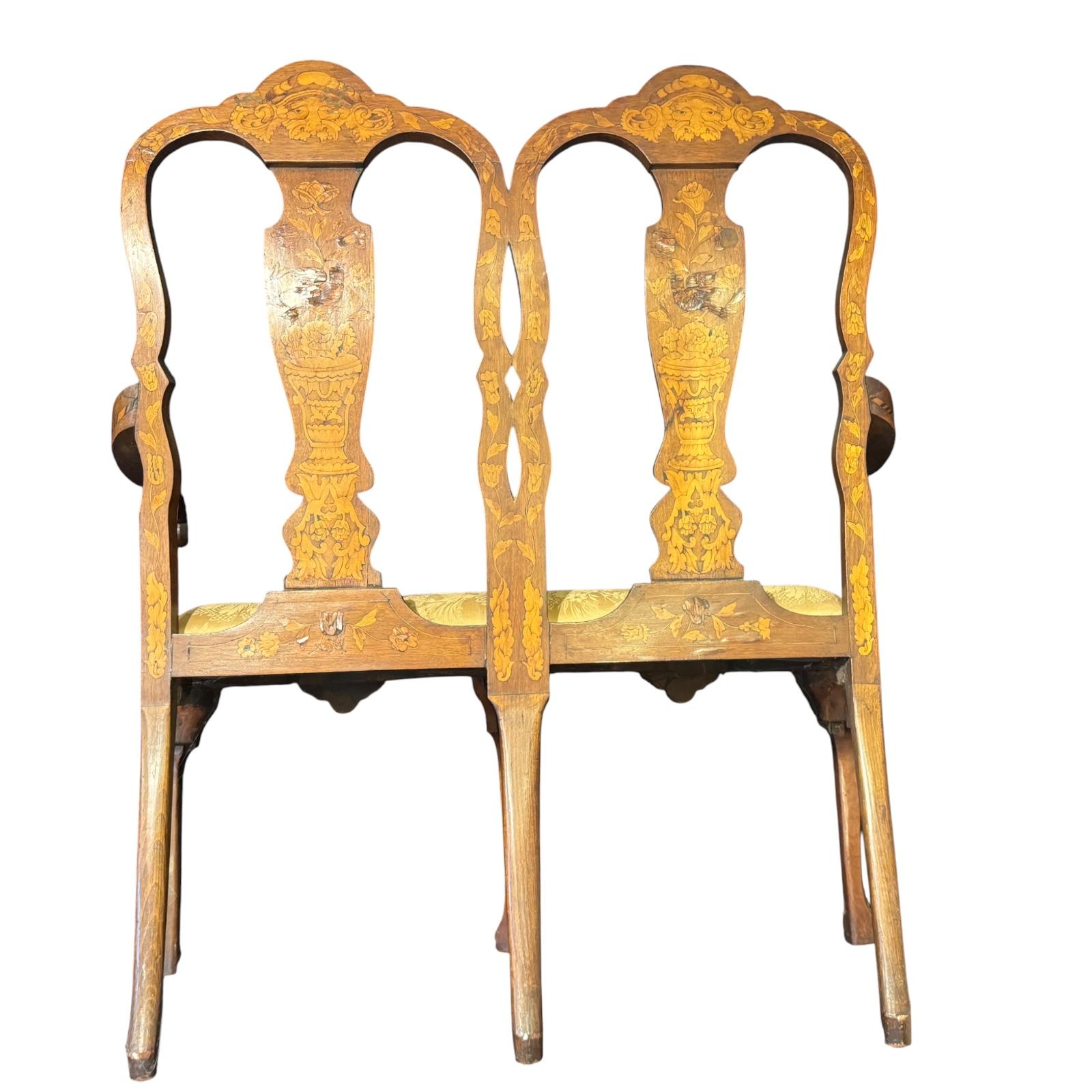 Dutch Baroque Style Marquetry Two-Seater Bench
Elegant Dutch Baroque style marquetry two-seater bench, designed to complement side chairs of the same period. The bench features a shaped crest rail above a wide back splat richly inlaid with floral