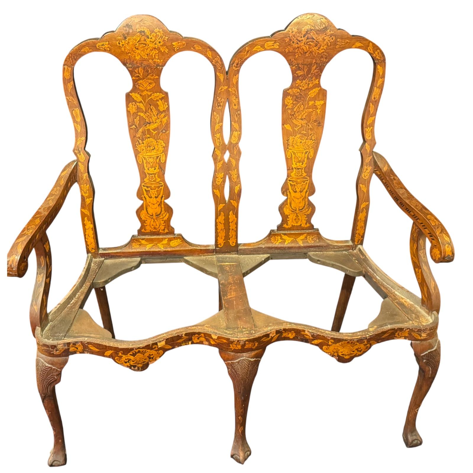 Dutch Baroque Style Marquetry Two-Seater Bench, 19th century In Fair Condition For Sale In Belmont, MA
