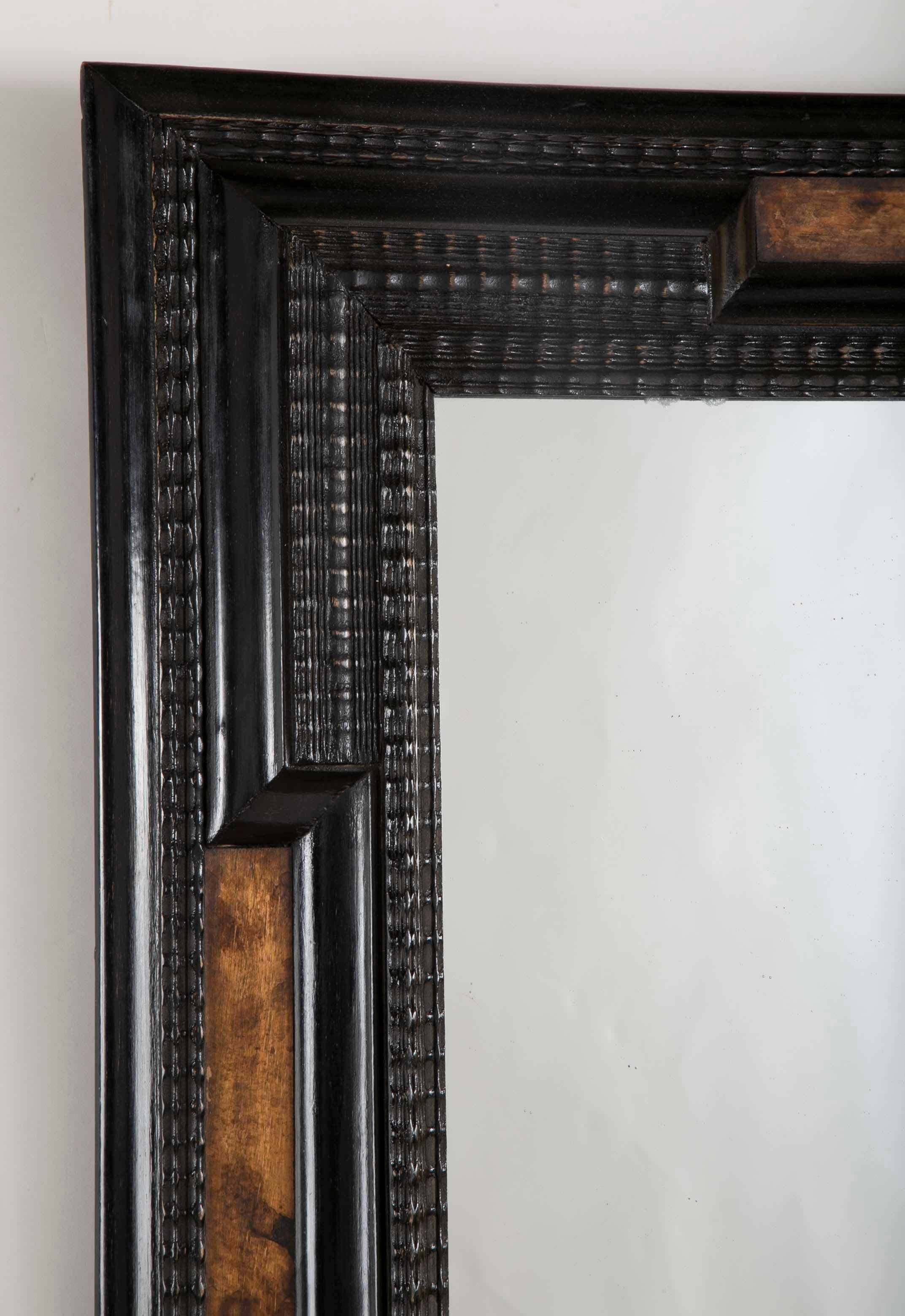 Dutch Baroque Style Mirror with Ebonized Frame and Faux Tortoise Panels In Good Condition In Stamford, CT