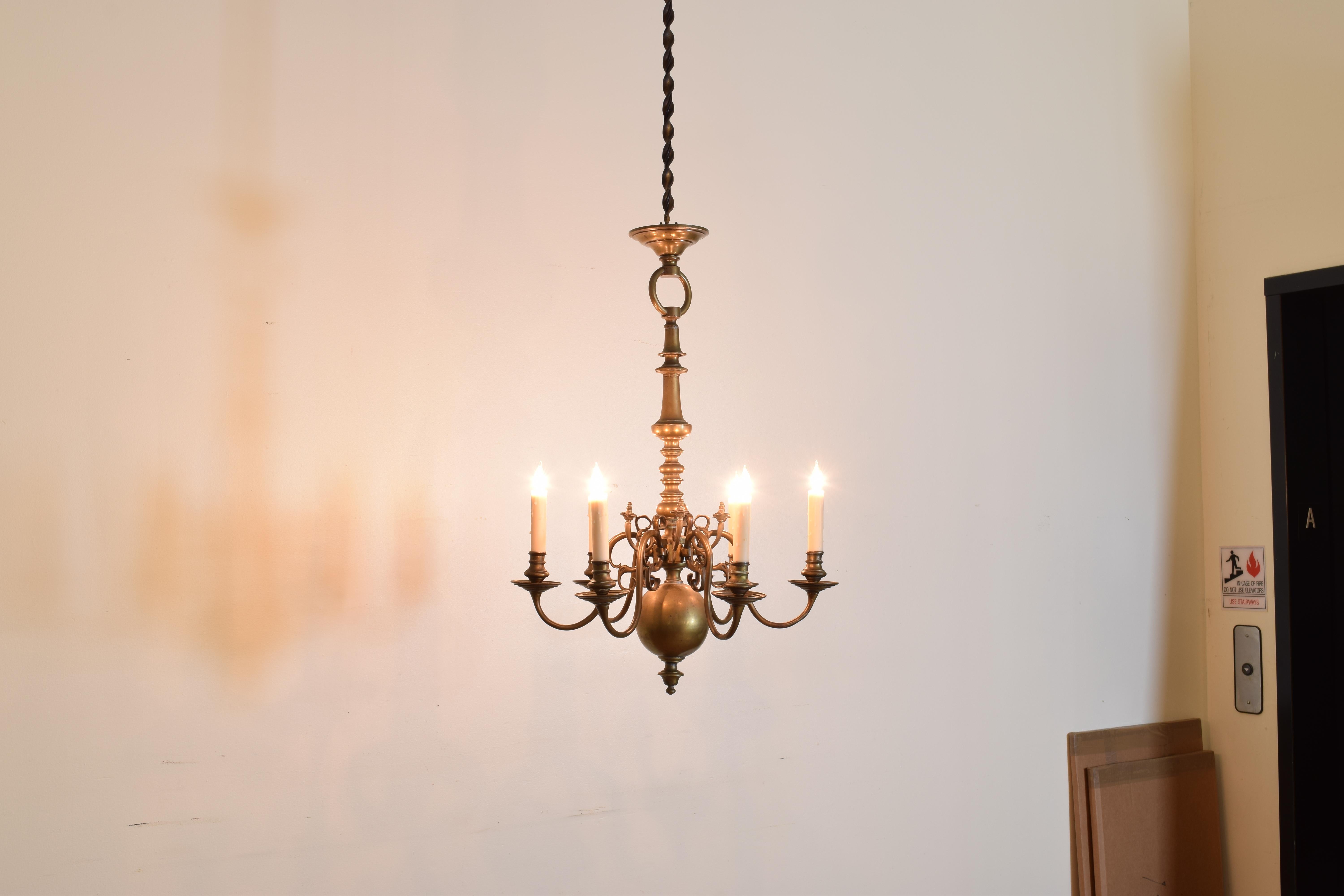 Baroque Revival Dutch Baroque Style Patinated Brass 6-Light Chandelier, Late 19th Century