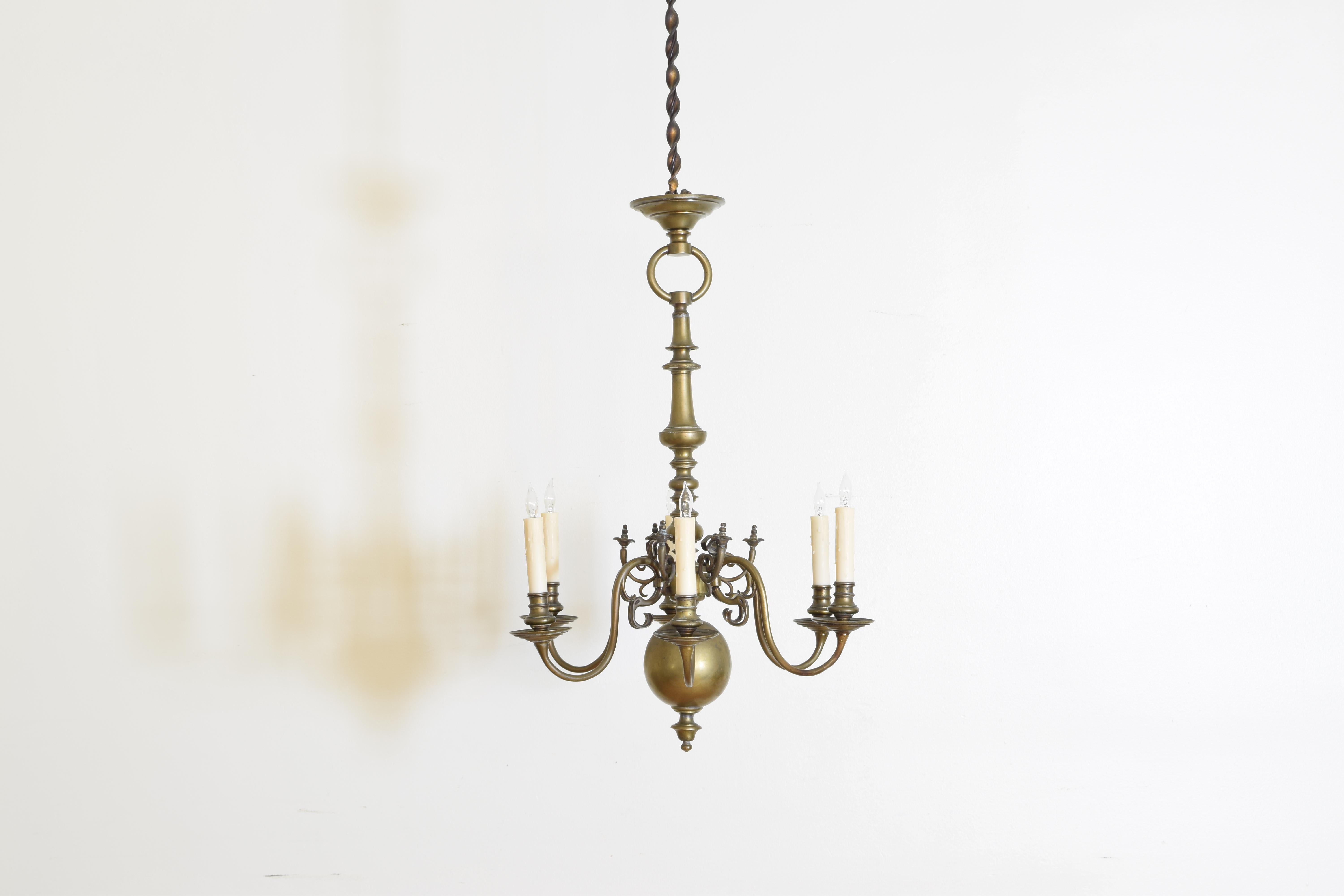 Cast Dutch Baroque Style Patinated Brass 6-Light Chandelier, Late 19th Century