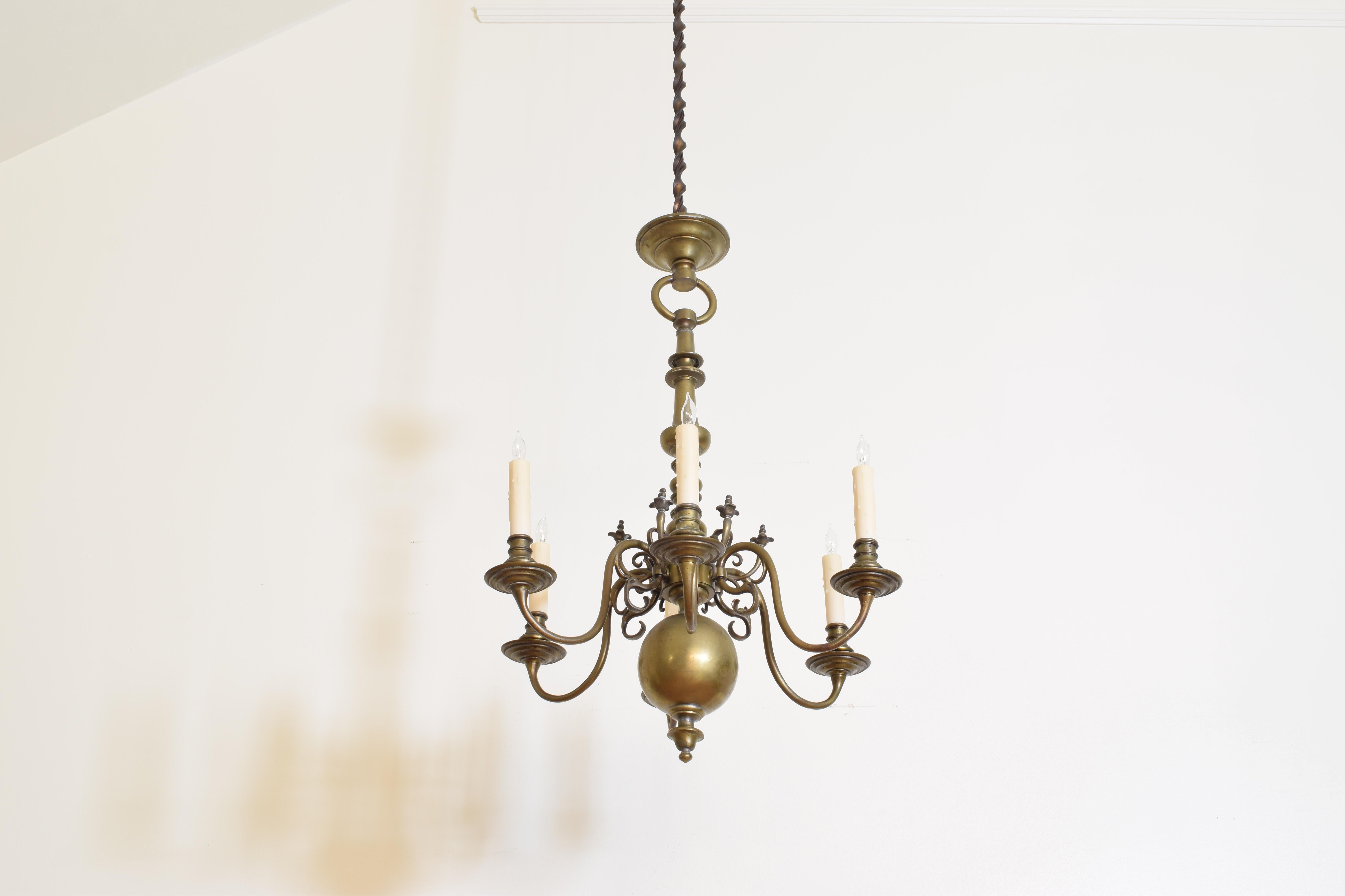 Dutch Baroque Style Patinated Brass 6-Light Chandelier, Late 19th Century In Good Condition In Atlanta, GA
