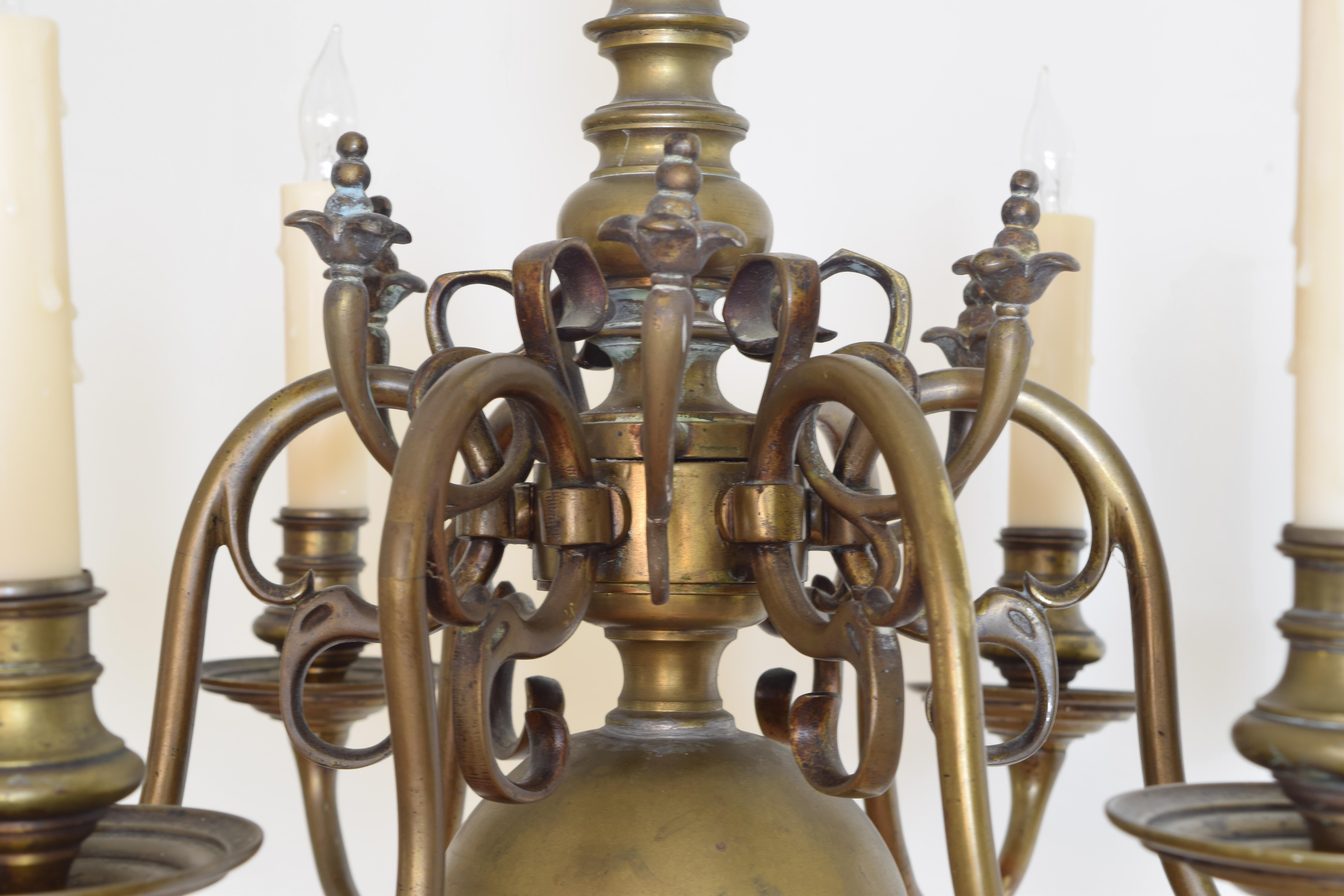 Dutch Baroque Style Patinated Brass 6-Light Chandelier, Late 19th Century 3