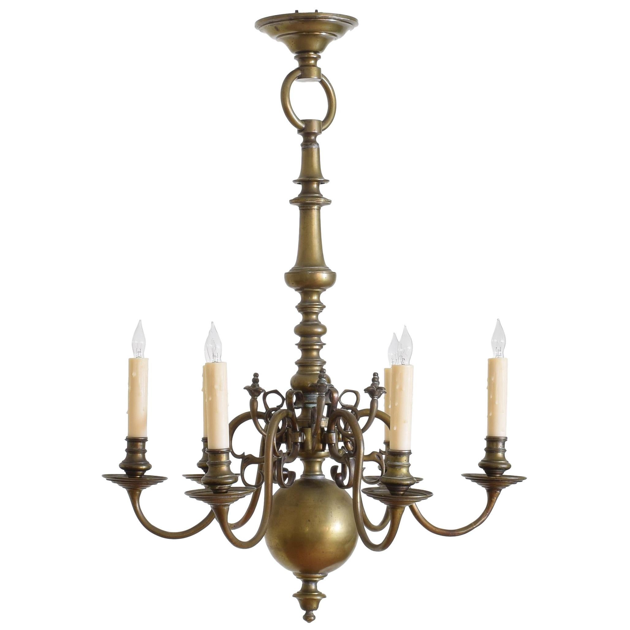 Dutch Baroque Style Patinated Brass 6-Light Chandelier, Late 19th Century