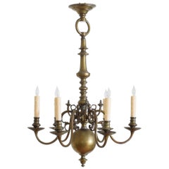 Antique Dutch Baroque Style Patinated Brass 6-Light Chandelier, Late 19th Century