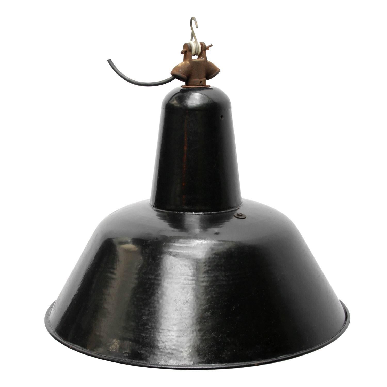 Factory lamp black enamel. White interior cast iron top.

Weight: 2.2 kg / 4.9 lb

All lamps have been made suitable by international standards for incandescent light bulbs, energy-efficient and LED bulbs. E26/E27 bulb holders and new wiring are