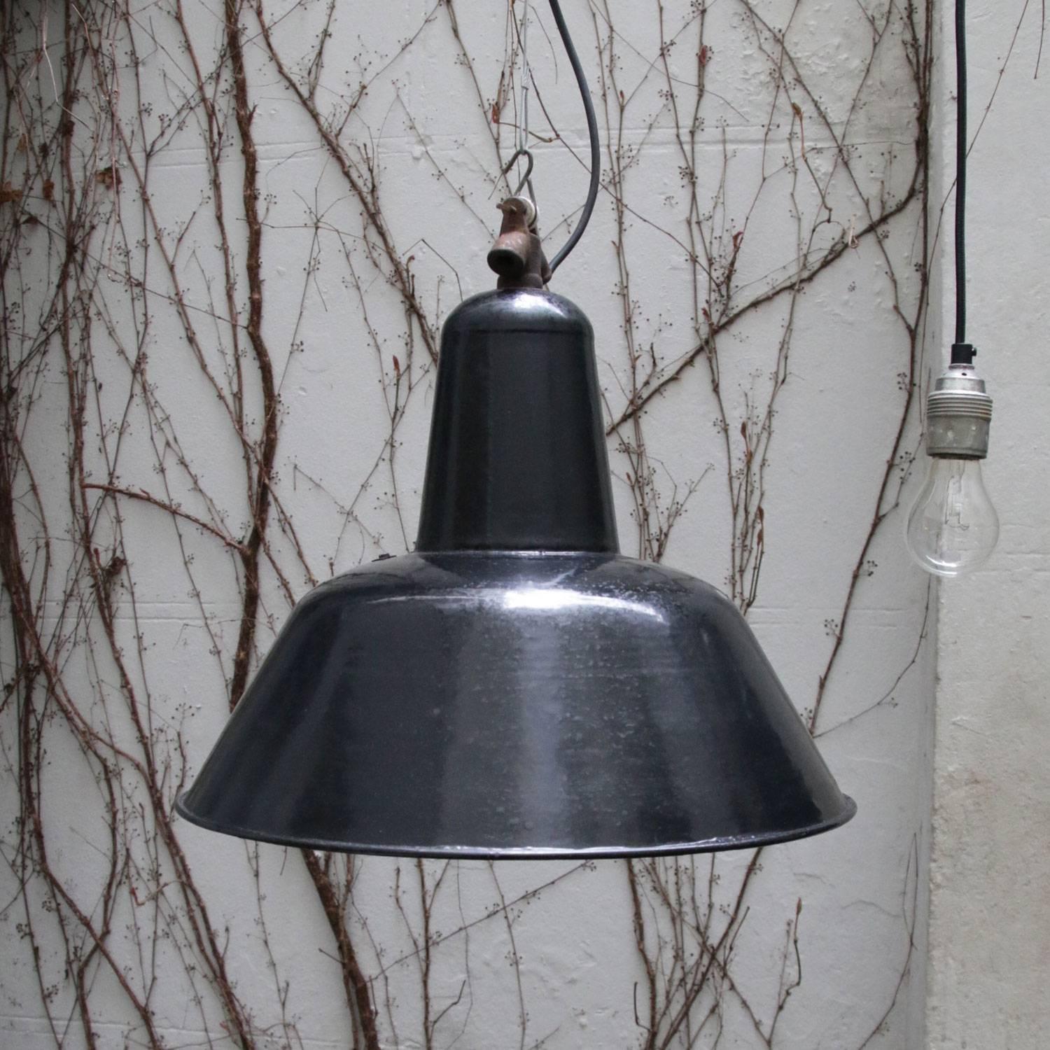 20th Century Dutch Black Enamel Vintage Industrial Factory Pendant Lamp