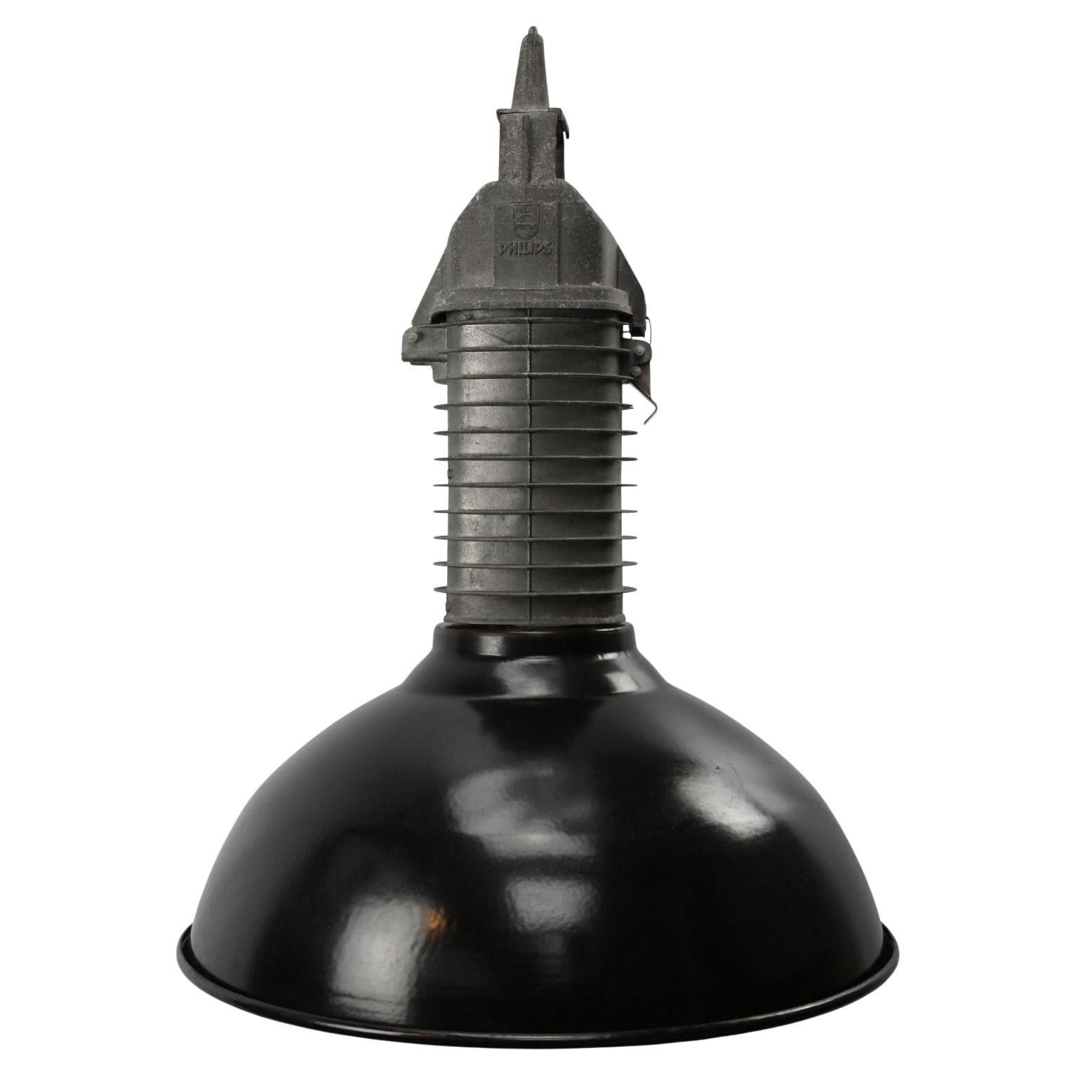 Dutch Black Enamel Vintage Industrial Pendant Lights by Philips, Holland