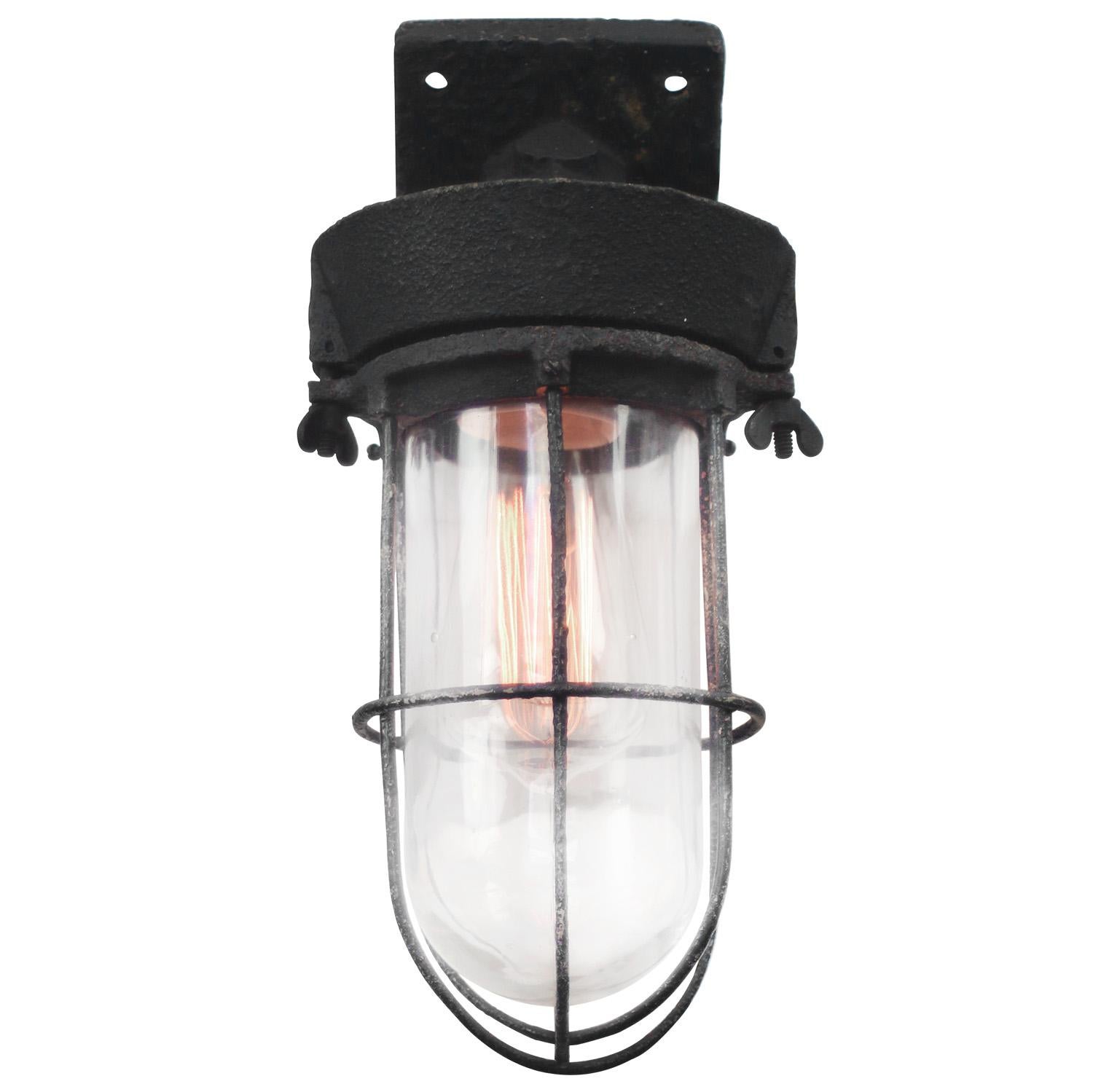 20th Century Dutch Black Vintage Industrial Clear Glass Cast Iron Wall Lamp Scone For Sale
