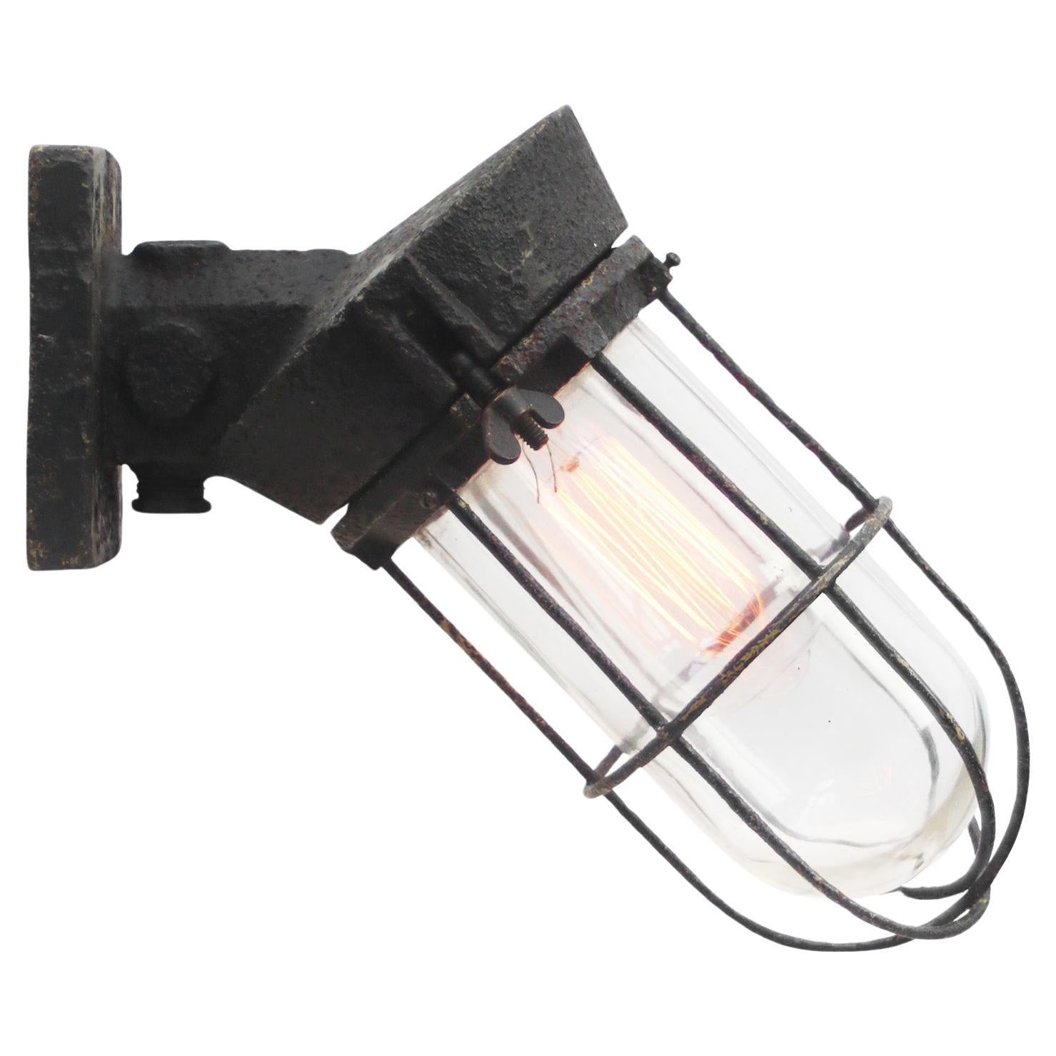 Dutch Black Vintage Industrial Clear Glass Cast Iron Wall Lamp Scone For Sale