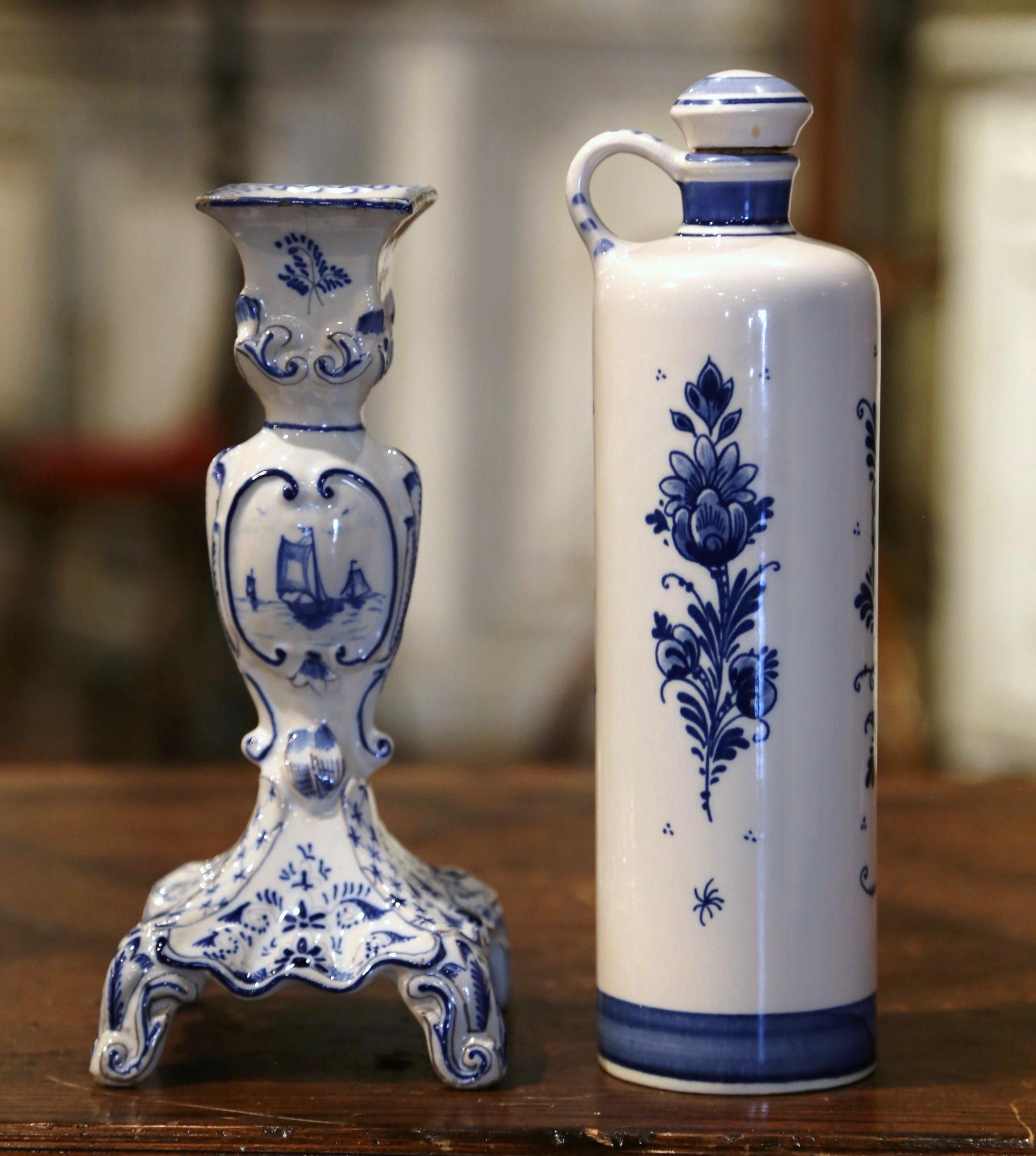 Hand-Crafted Dutch Blue and White Painted Faience Delft Olive Oil Bottle and Candle Holder For Sale
