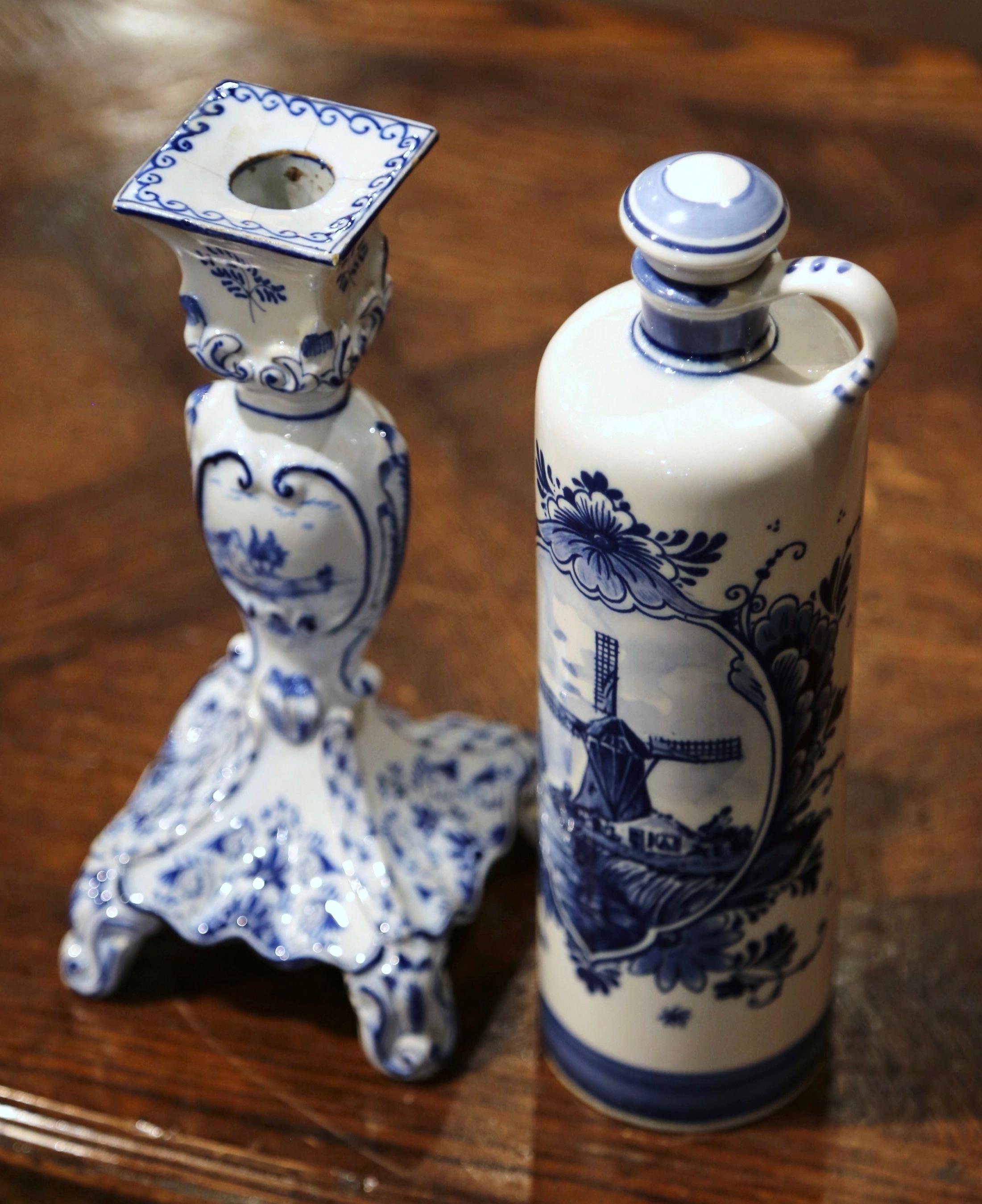 Dutch Blue and White Painted Faience Delft Olive Oil Bottle and Candle Holder In Excellent Condition For Sale In Dallas, TX