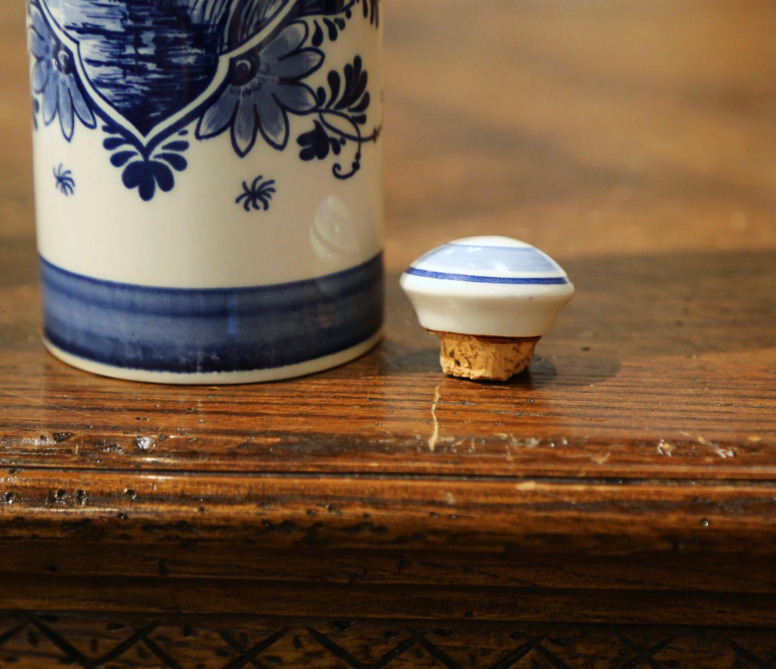 Ceramic Dutch Blue and White Painted Faience Delft Olive Oil Bottle and Candle Holder For Sale