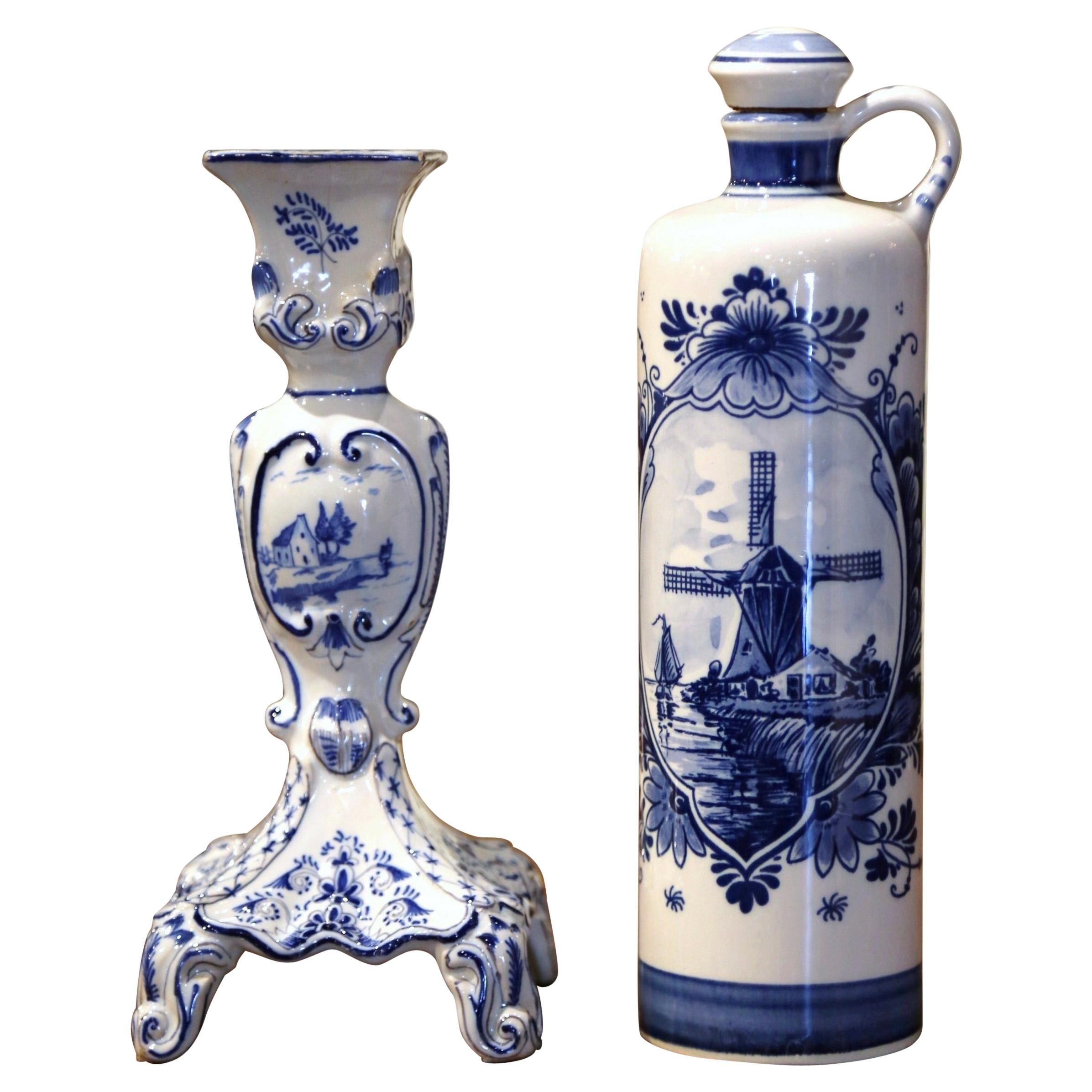 Niederländische blau-weiß bemalte Delfter Fayence-Ölölflasche und Kerzenhalter, Delfter Porzellan