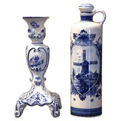 Dutch Blue and White Painted Faience Delft Olive Oil Bottle and Candle Holder