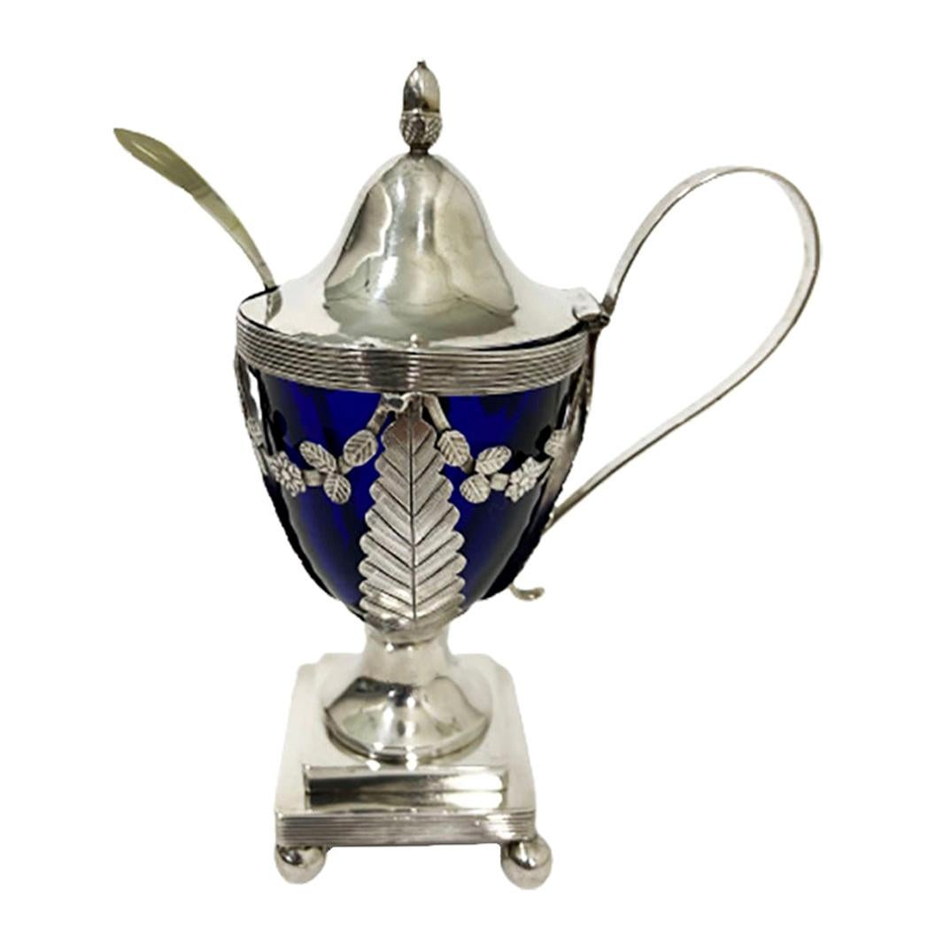 Dutch Blue Crystal Mustard Pot with Silver Mount by Jan Van Der Cop, 1833 For Sale