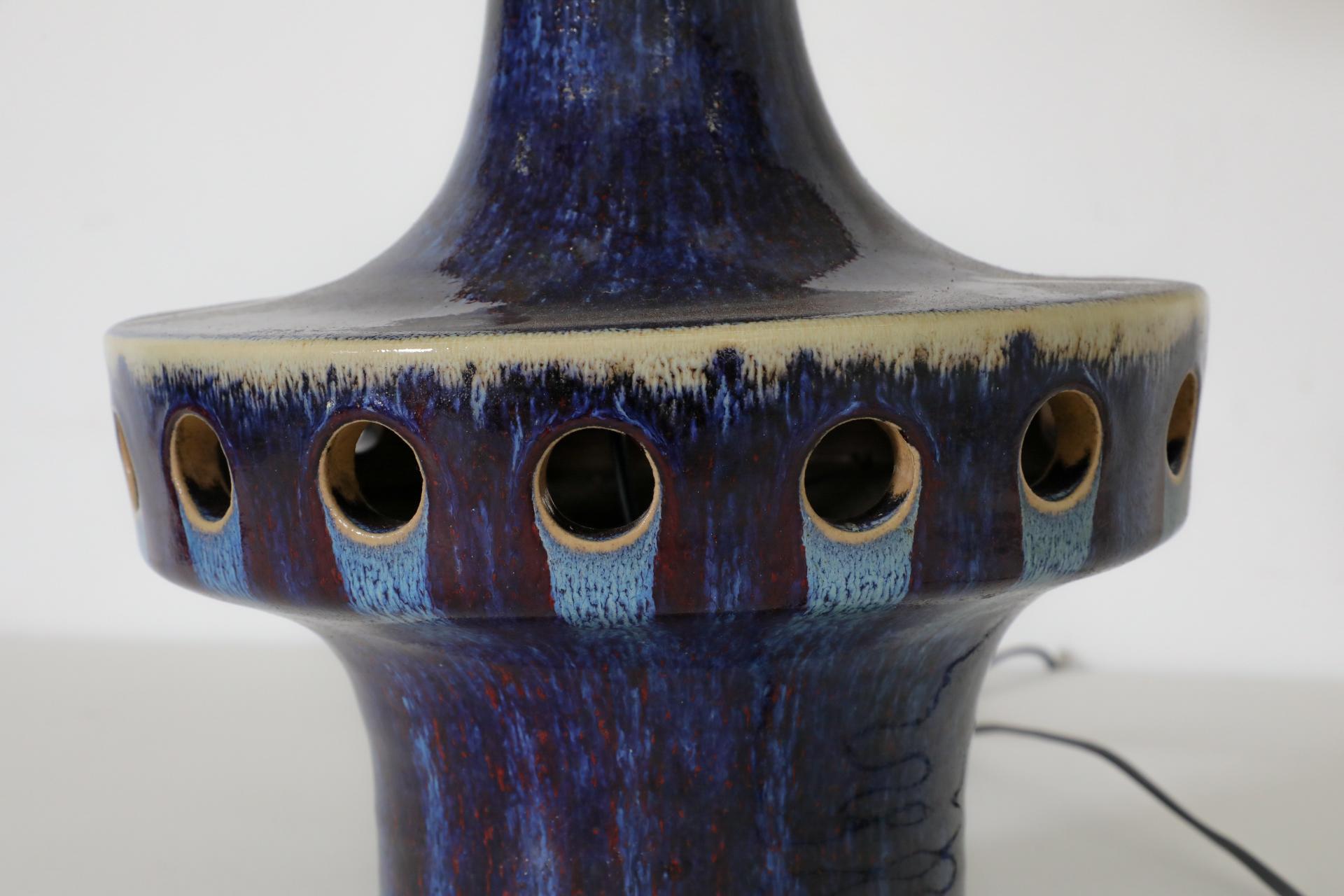 Dutch Blue Glazed Space Age Ceramic Table Lamp with Cut-Outs by Ravelli 7