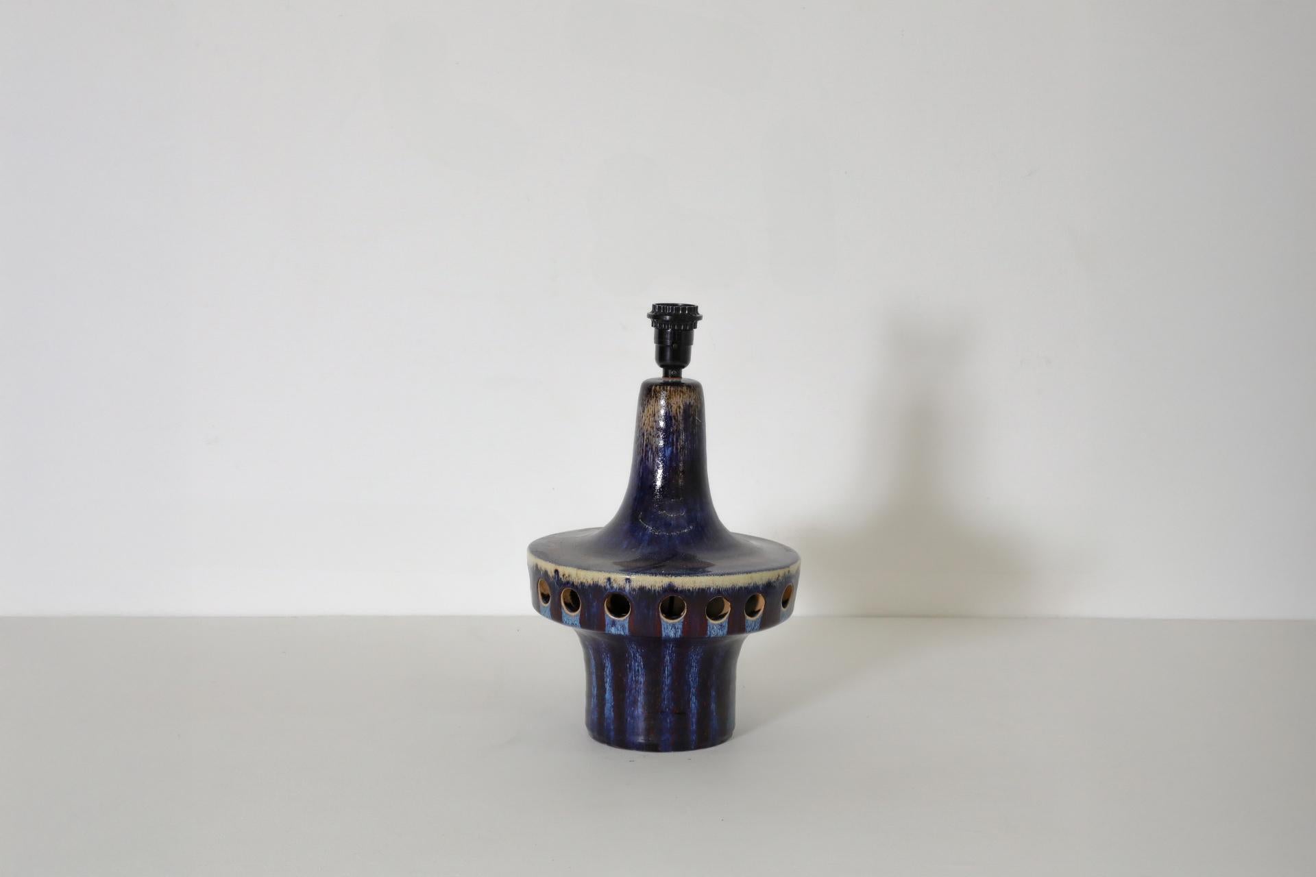 Dutch Blue Glazed Space Age Ceramic Table Lamp with Cut-Outs by Ravelli 8