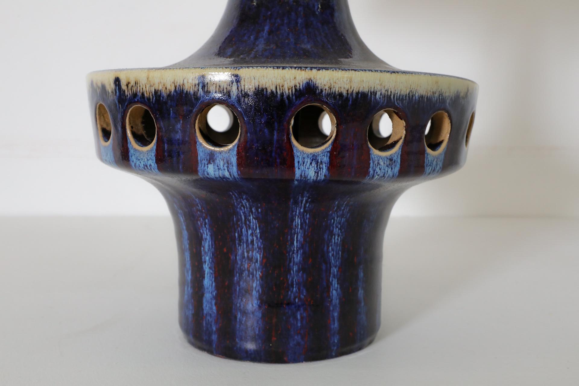 Dutch Blue Glazed Space Age Ceramic Table Lamp with Cut-Outs by Ravelli 4