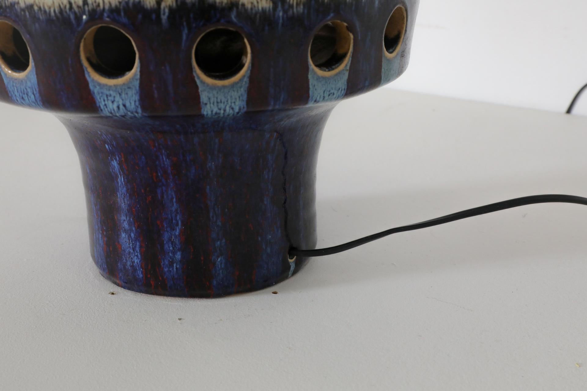 Dutch Blue Glazed Space Age Ceramic Table Lamp with Cut-Outs by Ravelli 5