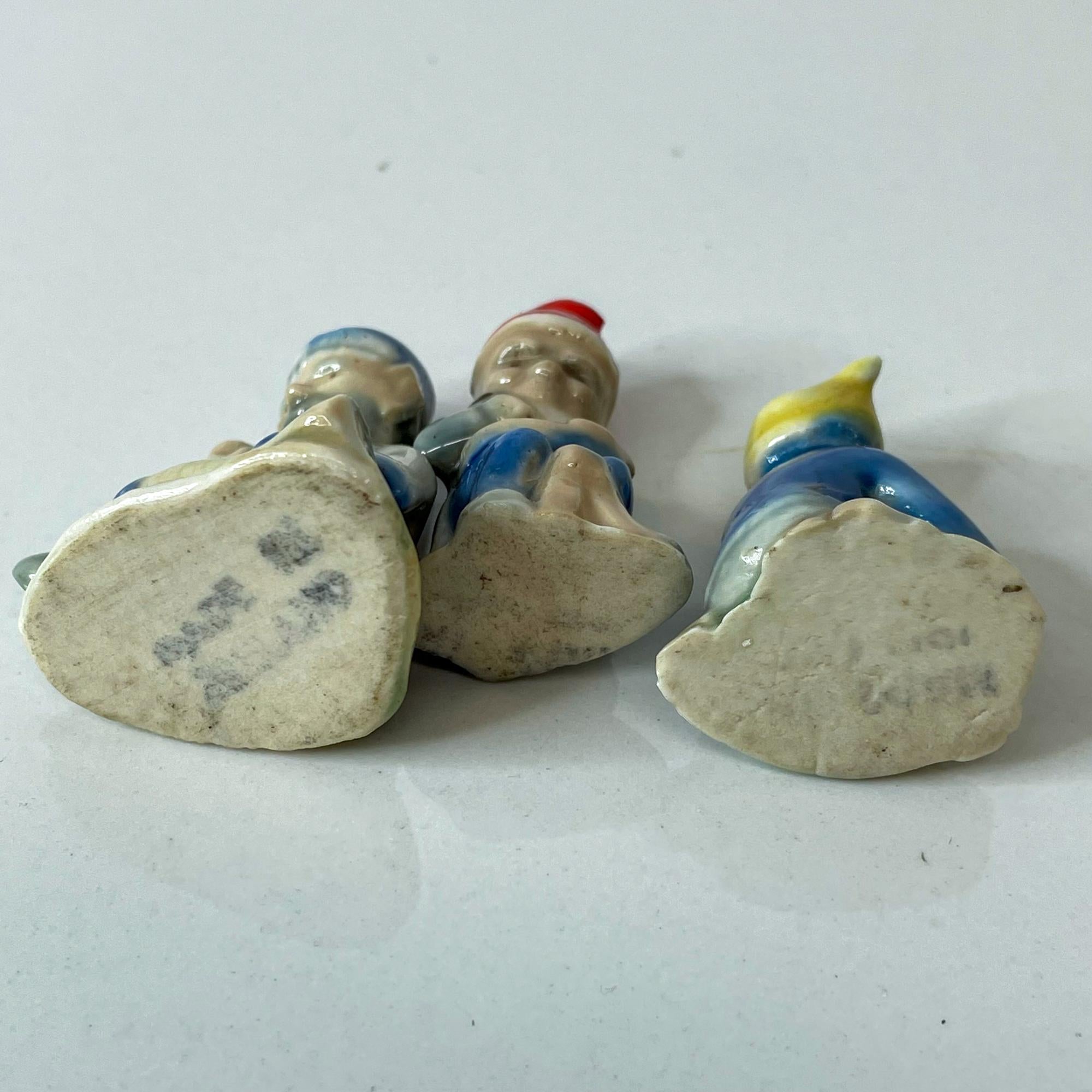 Mid-Century Modern Dutch Blue Gnome Elf Trio Tiny Porcelain Bearded Figurines Made in Holland 1950s