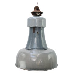 Lampe à suspension industrielle hollandaise vintage en émail bleu et gris avec plateau en fonte