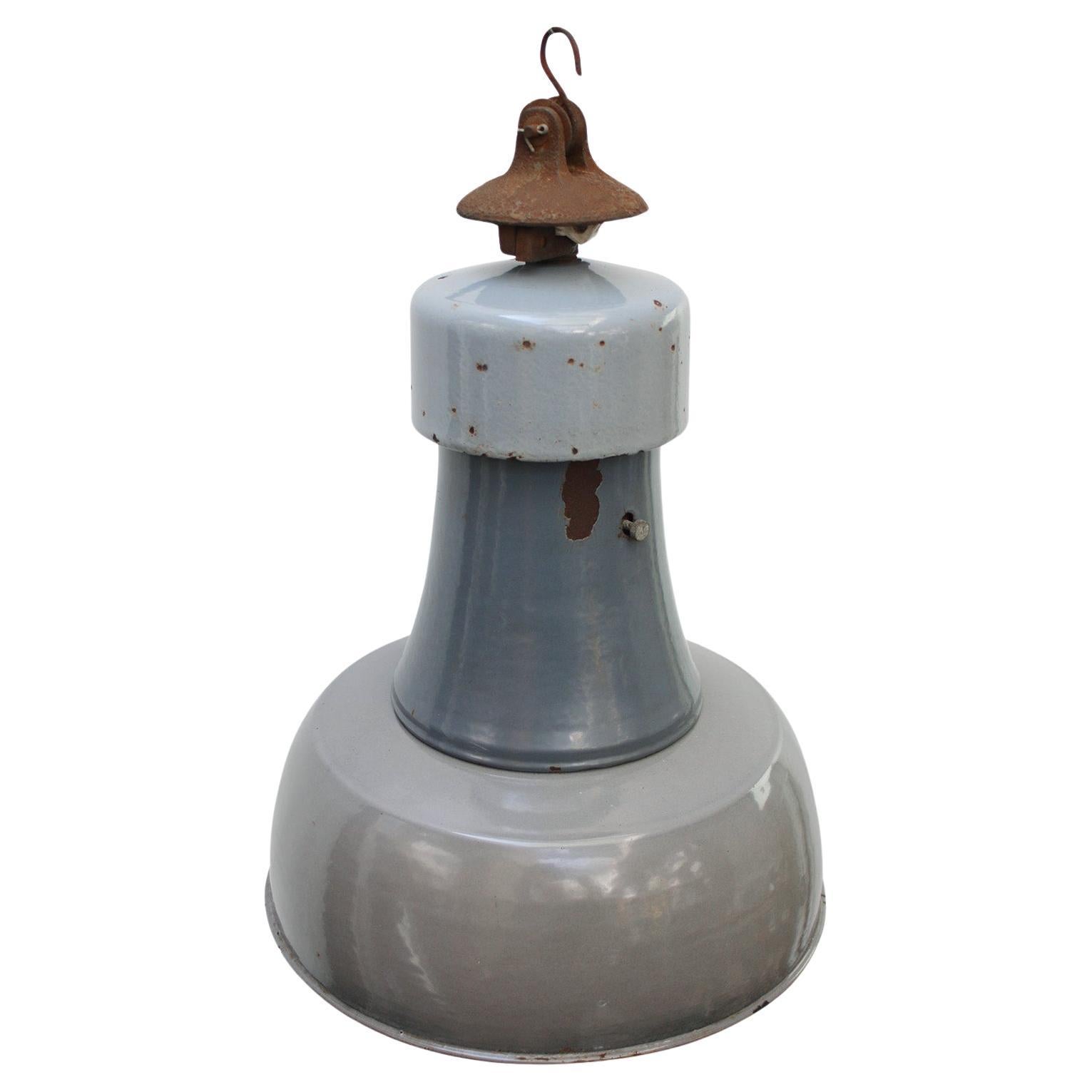 Dutch Blue Gray Enamel Vintage Industrial Cast Iron Top Factory Pendant Light