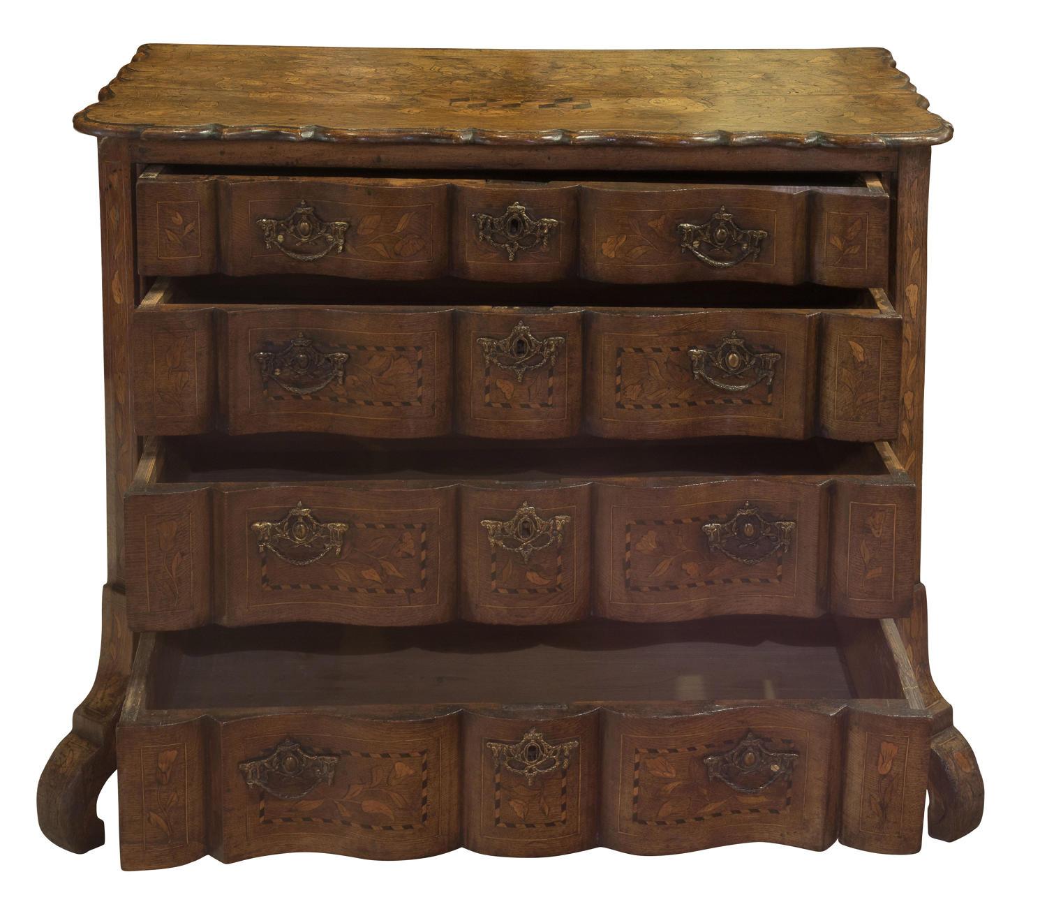 European Dutch Bombe Chest of Drawers with Inlaid Foliate and Avian Motifs in Marquetry For Sale