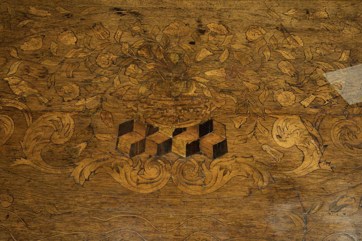 18th Century and Earlier Dutch Bombe Chest of Drawers with Inlaid Foliate and Avian Motifs in Marquetry For Sale