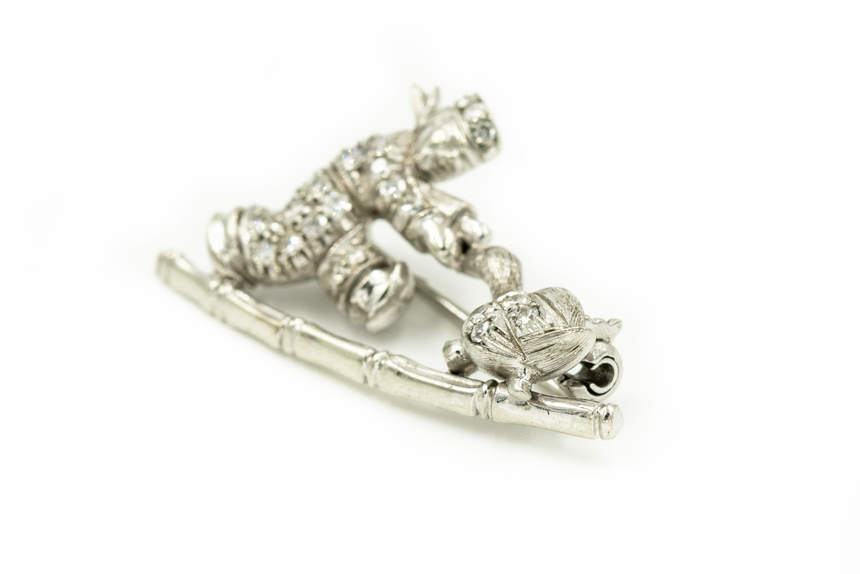 Round Cut Art Deco Style Boy Child and Goose Figural Diamond White Gold Brooch Pin For Sale