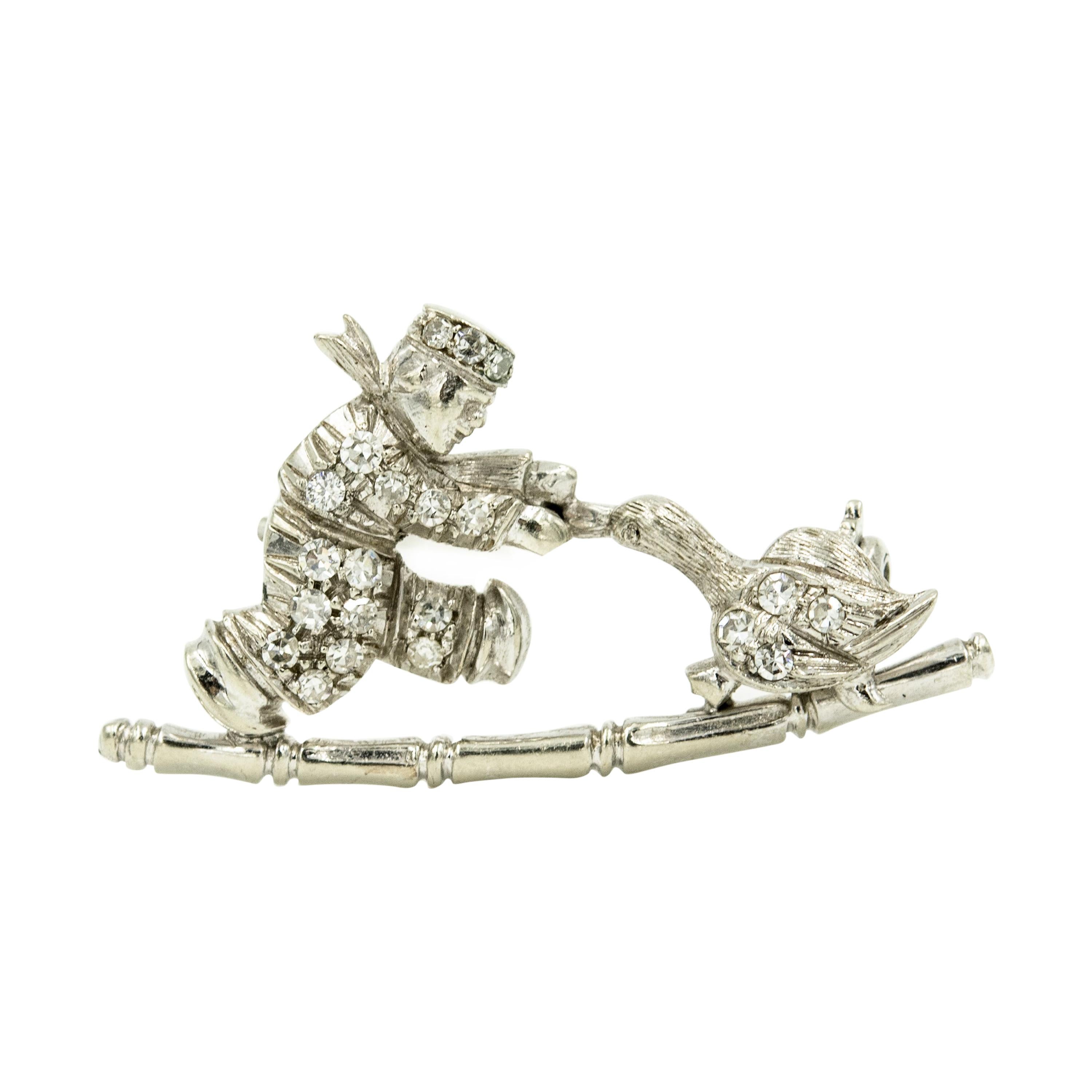 Art Deco Style Boy Child and Goose Figural Diamond White Gold Brooch Pin For Sale