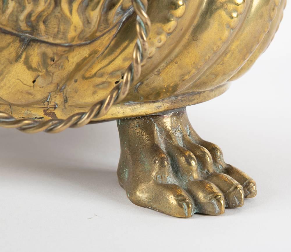 Dutch Brass Cachepots with Lion Head Handles and Paw Feet, a Pair In Excellent Condition In Stamford, CT