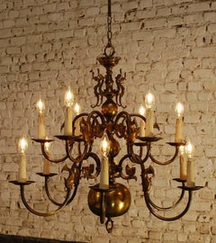 Dutch Brass Two-Tier Twelve-Light Bulbous and Scrolled Chandelier, circa 1910