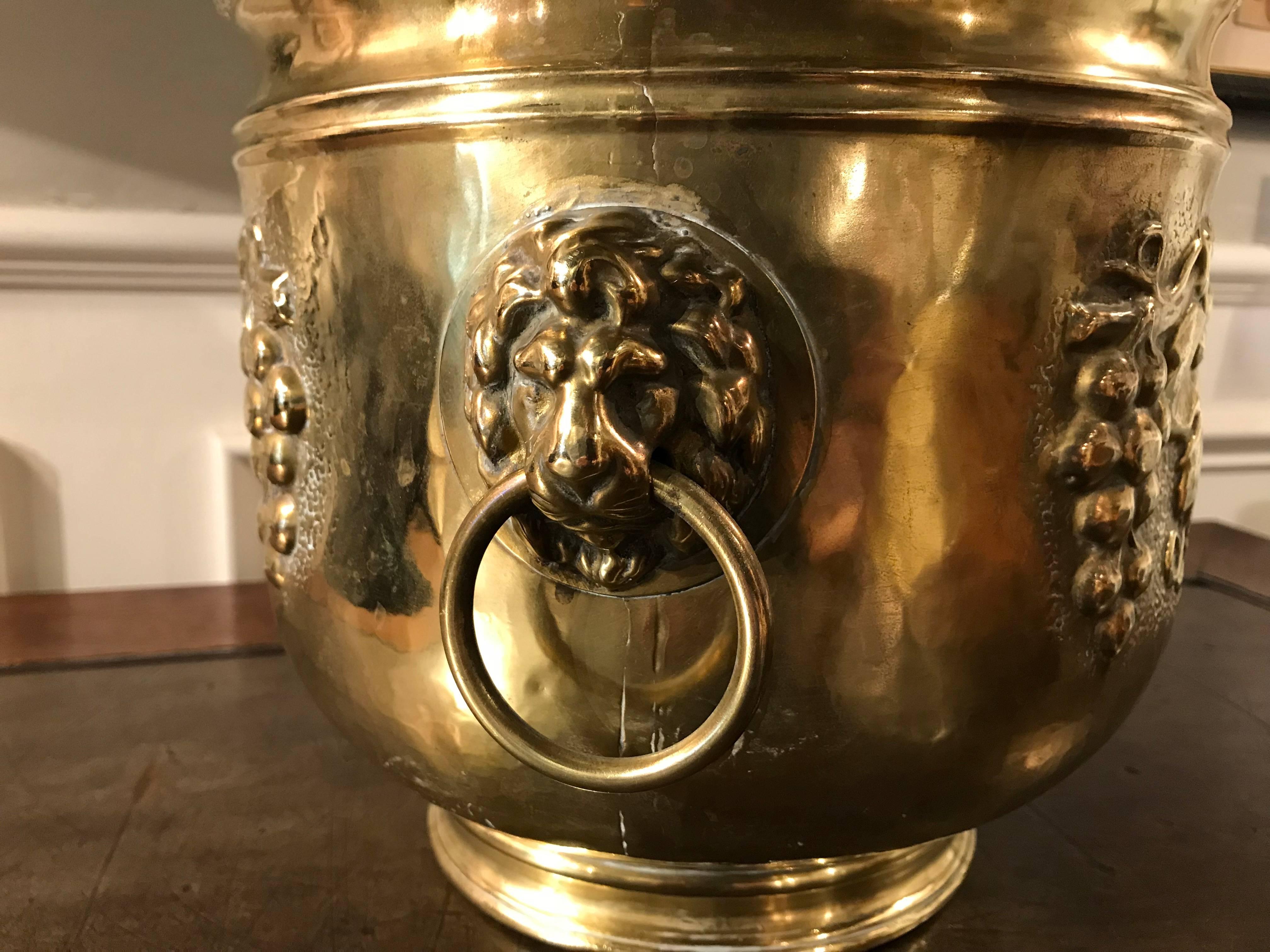 Dutch Brass Wine Cooler with Lion Heads and Grape Vine Decoration 5