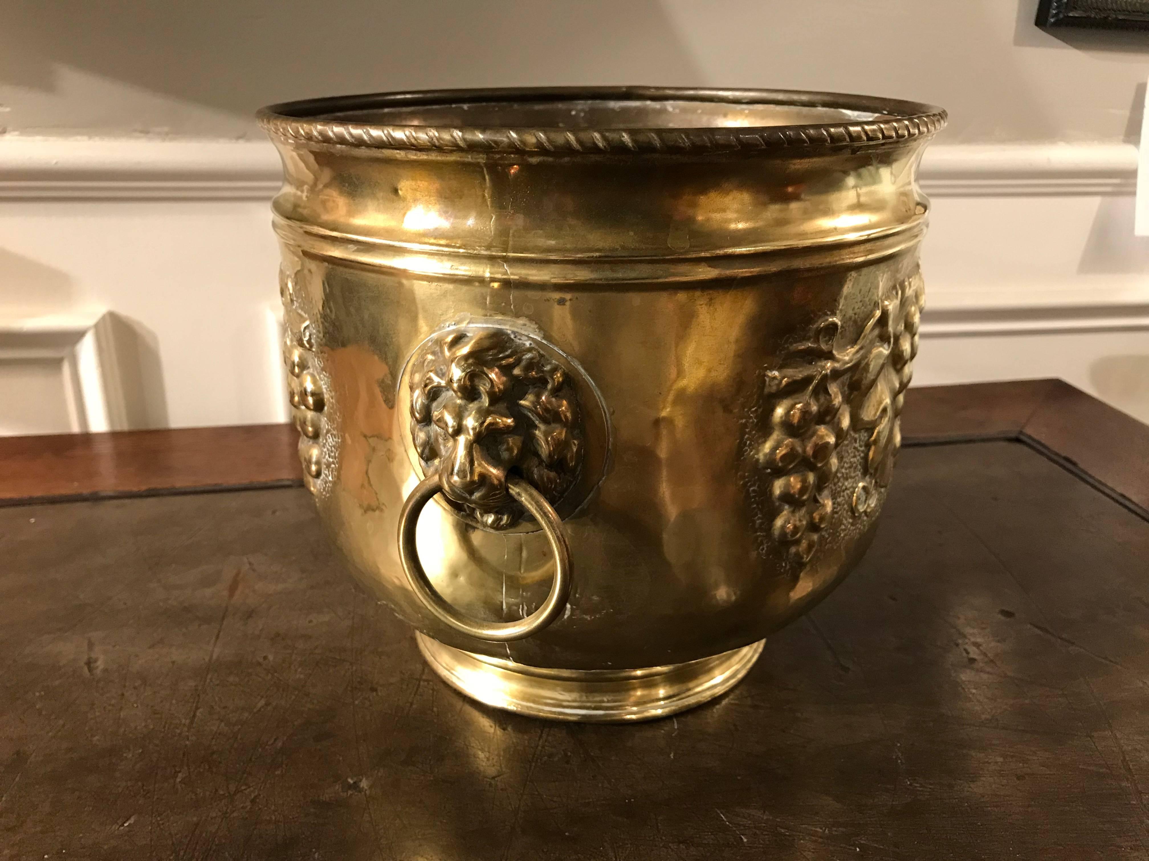 Dutch Brass Wine Cooler with Lion Heads and Grape Vine Decoration 8