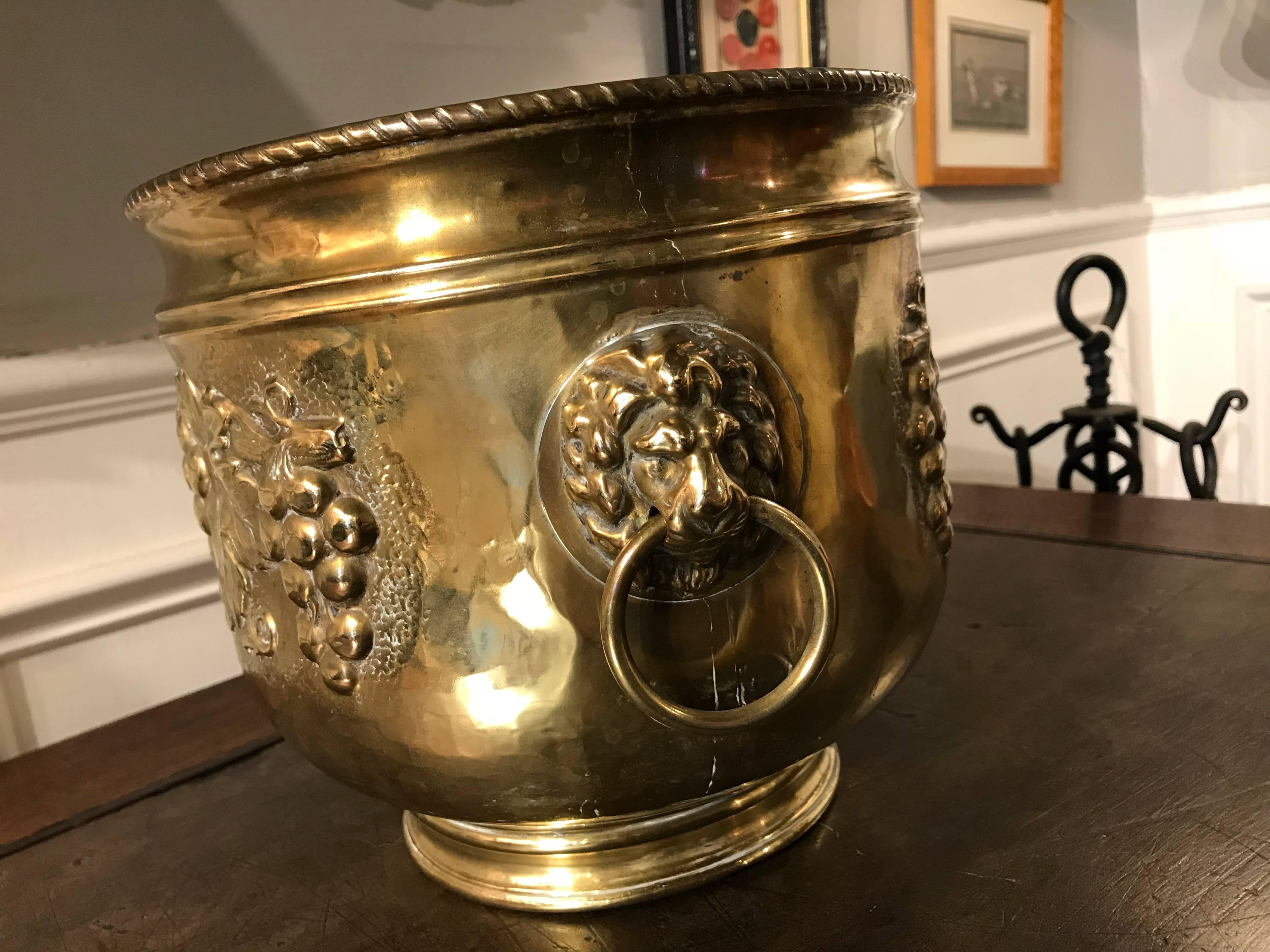 Dutch Brass Wine Cooler with Lion Heads and Grape Vine Decoration 9