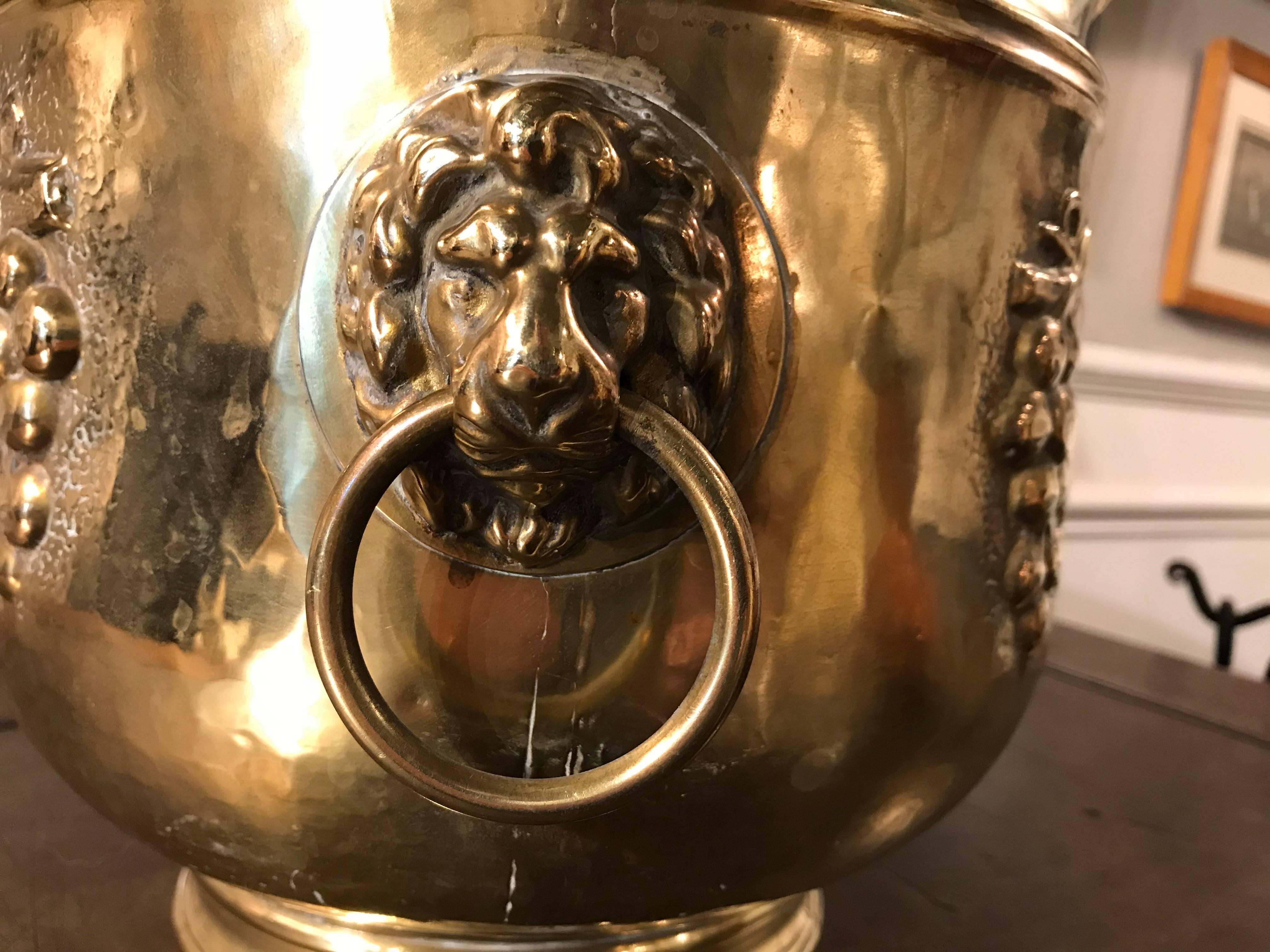 Baroque Dutch Brass Wine Cooler with Lion Heads and Grape Vine Decoration