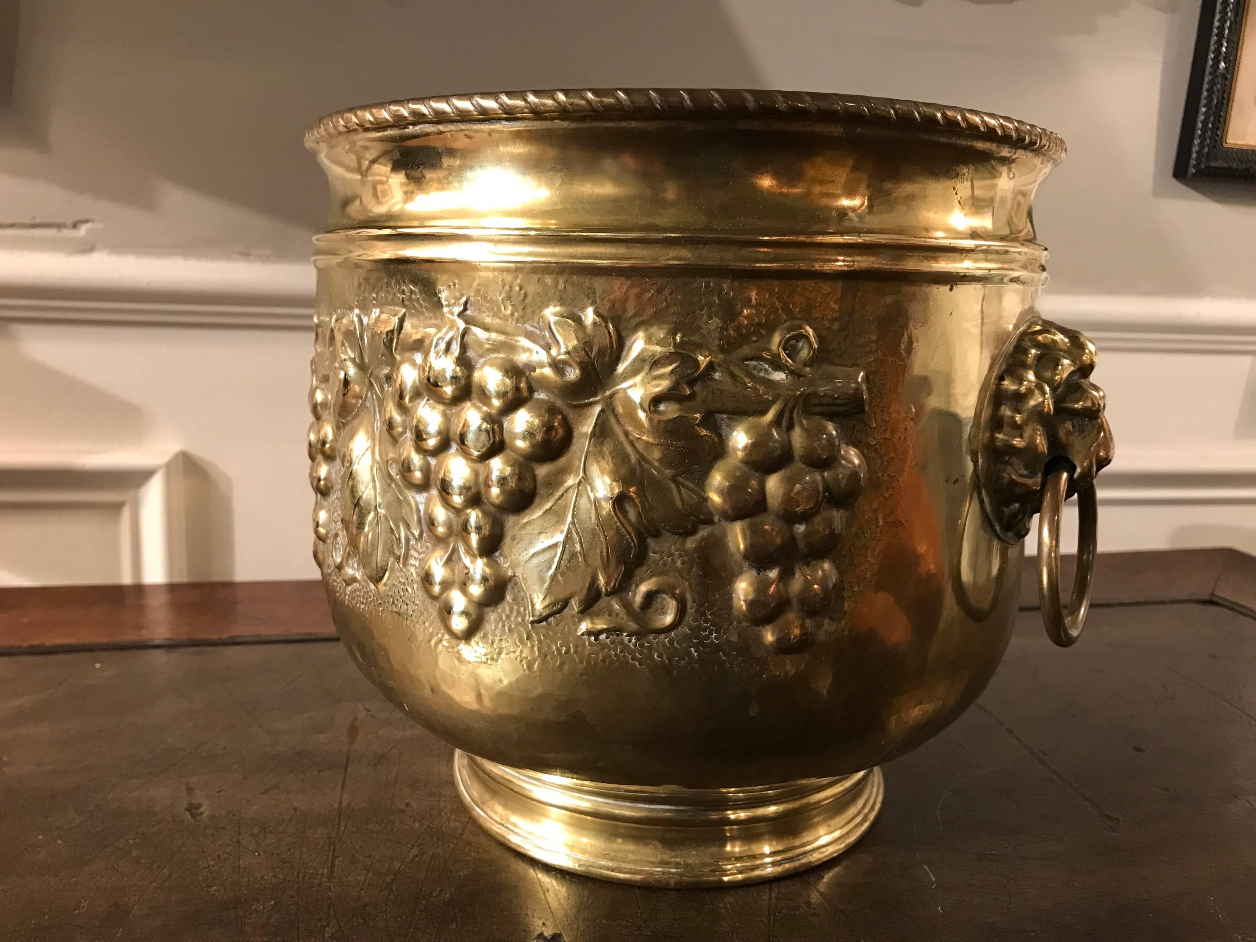 Dutch Brass Wine Cooler with Lion Heads and Grape Vine Decoration 1