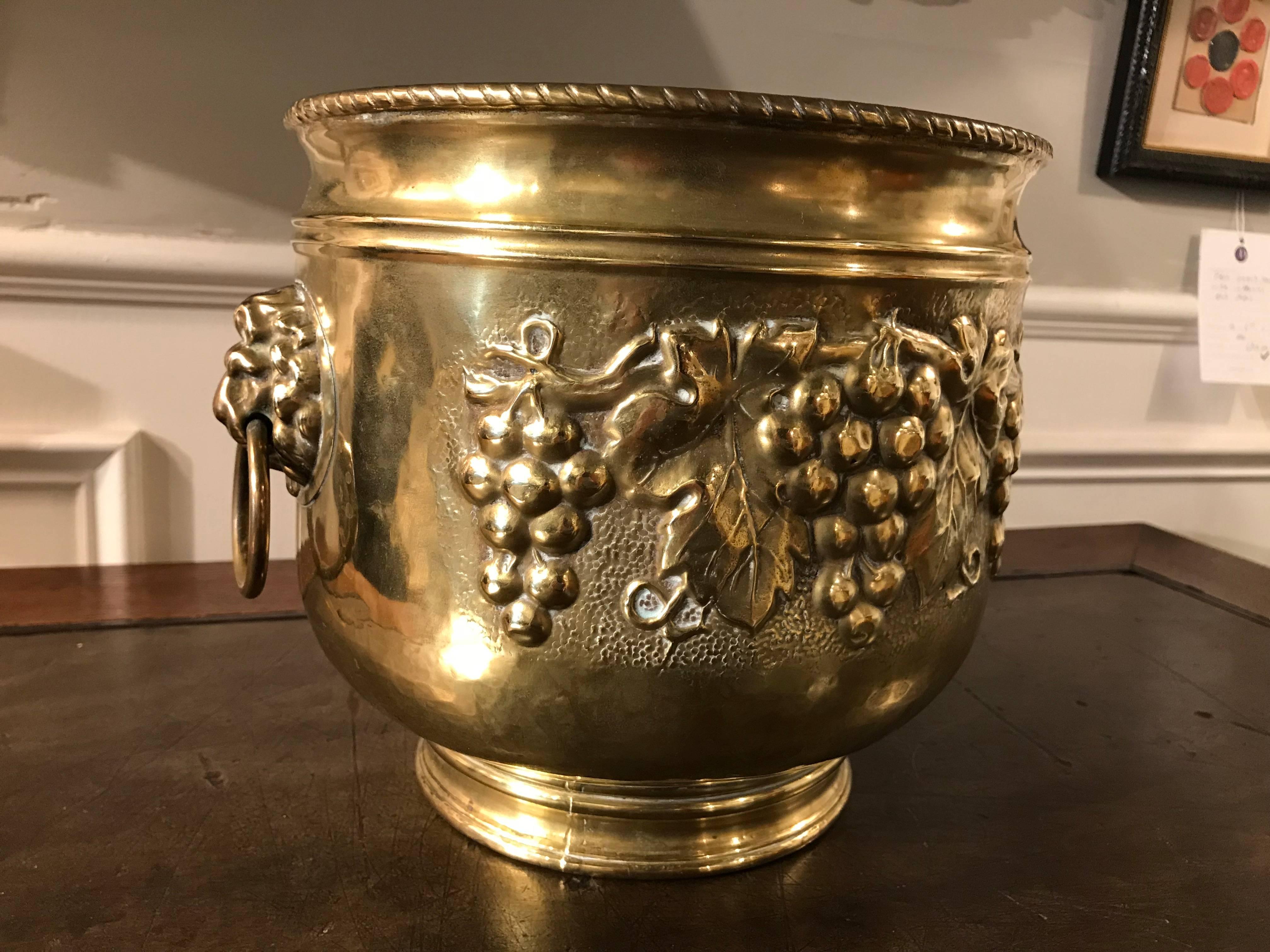 Dutch Brass Wine Cooler with Lion Heads and Grape Vine Decoration 3