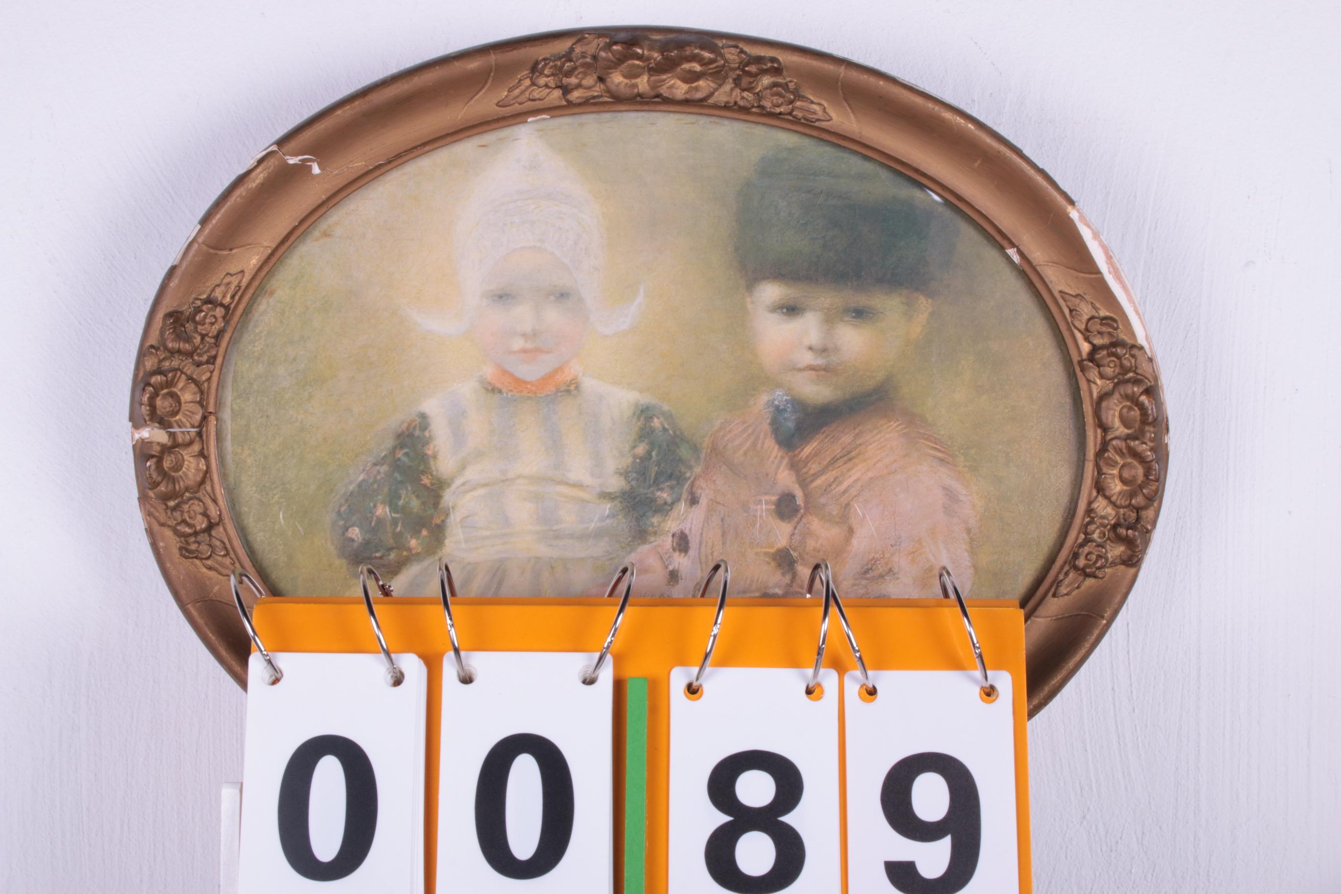 Dutch Brocante Gold Frame with Pentekeing of Farm Children 1900 5