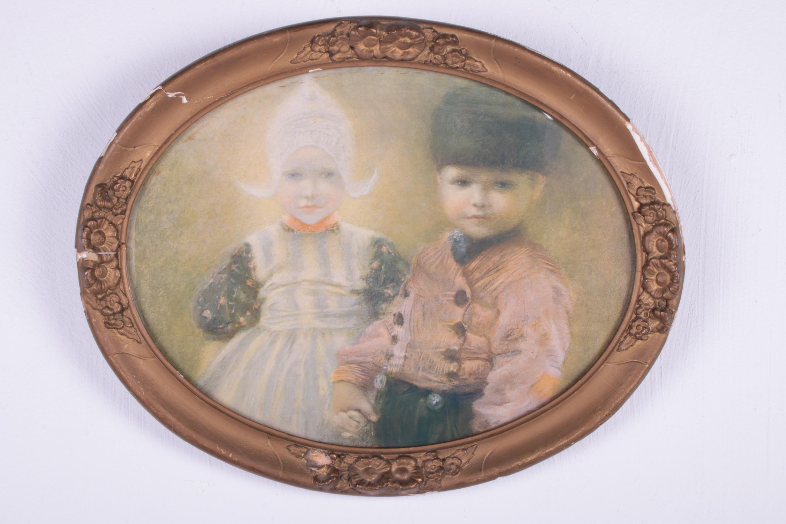 Dutch Brocante Gold Frame with Pentekeing of Farm Children 1900 For Sale 6