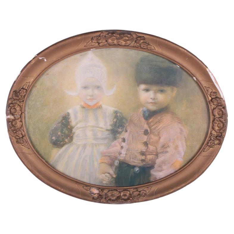 Dutch Brocante Gold Frame with Pentekeing of Farm Children 1900