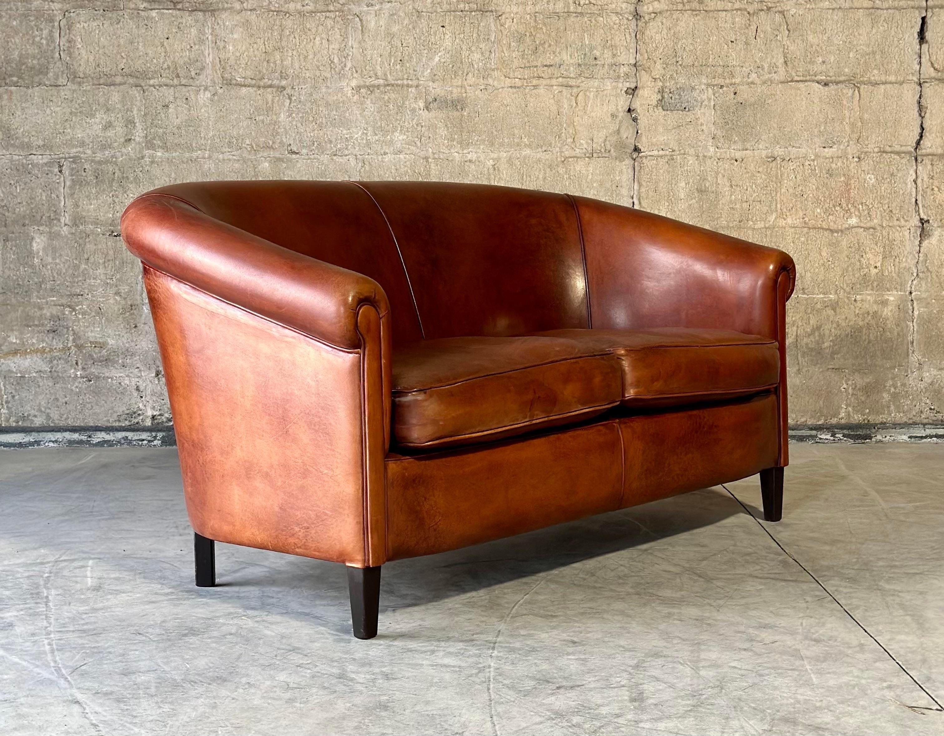 Mid-Century Modern Dutch Brown Leather Settee For Sale