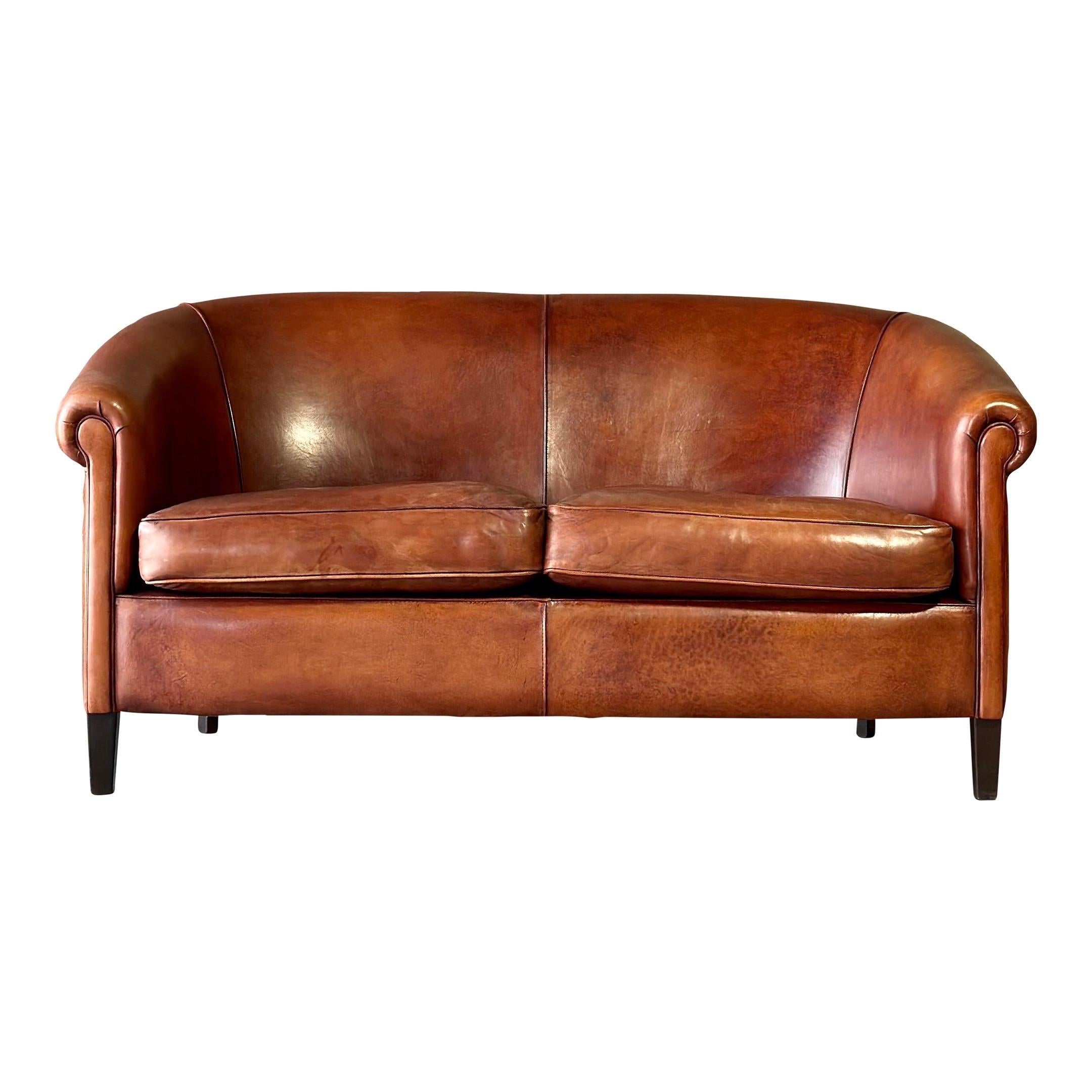 Dutch Brown Leather Settee For Sale