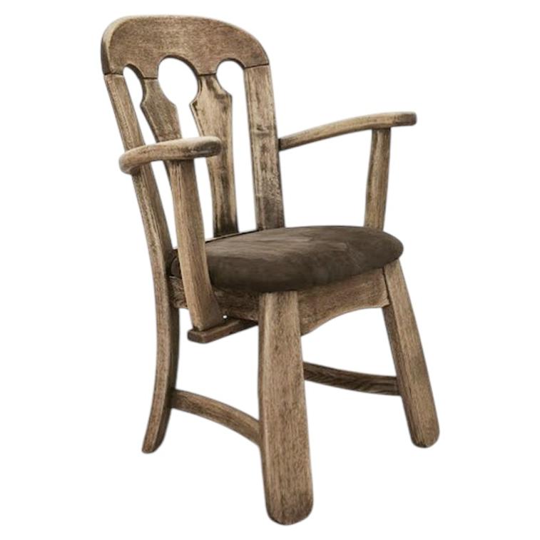 Dutch Brutalist Solid Oak Armchair with Reupholstered Leather Seat, 1970s