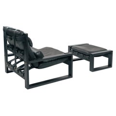 Dutch brutalist Sonja Wasseur Lounge Chair with Ottoman, Wood & Leather, 1974