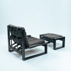 Chaise longue et ottoman brutalistes hollandais, articulations visibles et sangles en cuir