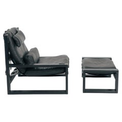 Dutch brutalist Sonja Wasseur Lounge Chair with Ottoman, Wood & Leather, 1974