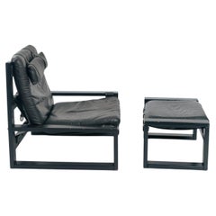 Chaise longue et ottoman brutalistes hollandais, articulations visibles et sangles en cuir